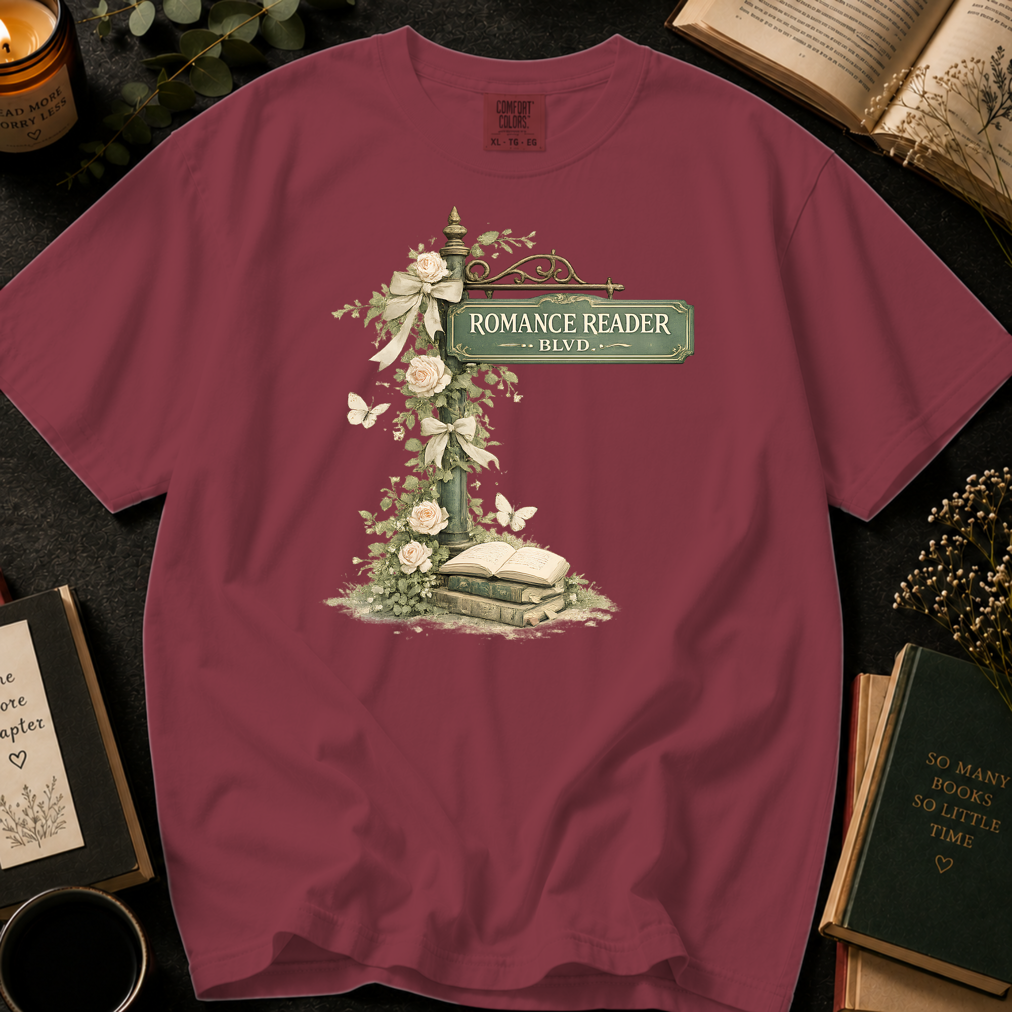 Romance Reader Blvd T-Shirt: Vintage Street Sign Floral in Chili - Comfort Colors® T-Shirt
