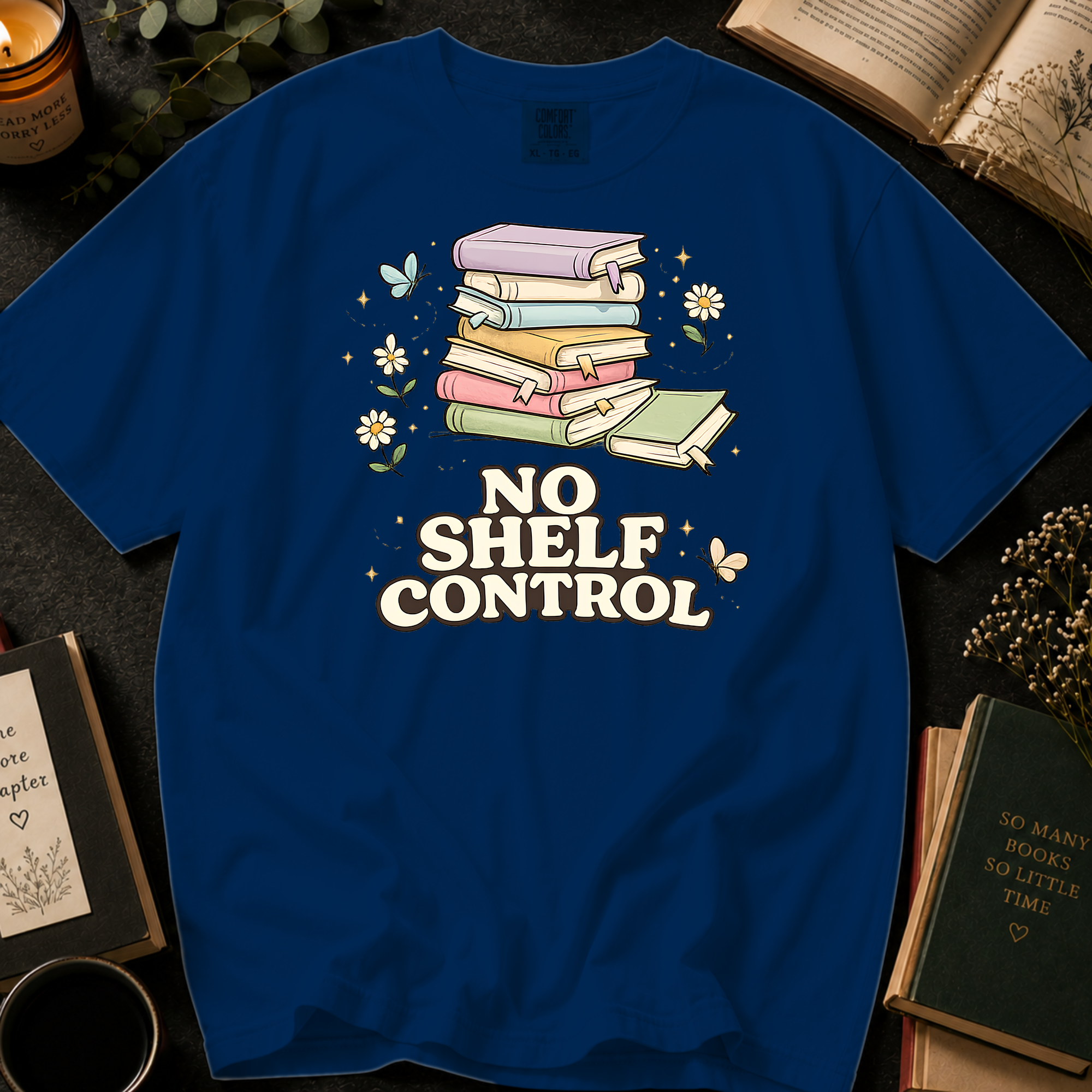 No Shelf Control T-Shirt: Pastel Book Stack in China Blue - Comfort Colors® T-Shirt