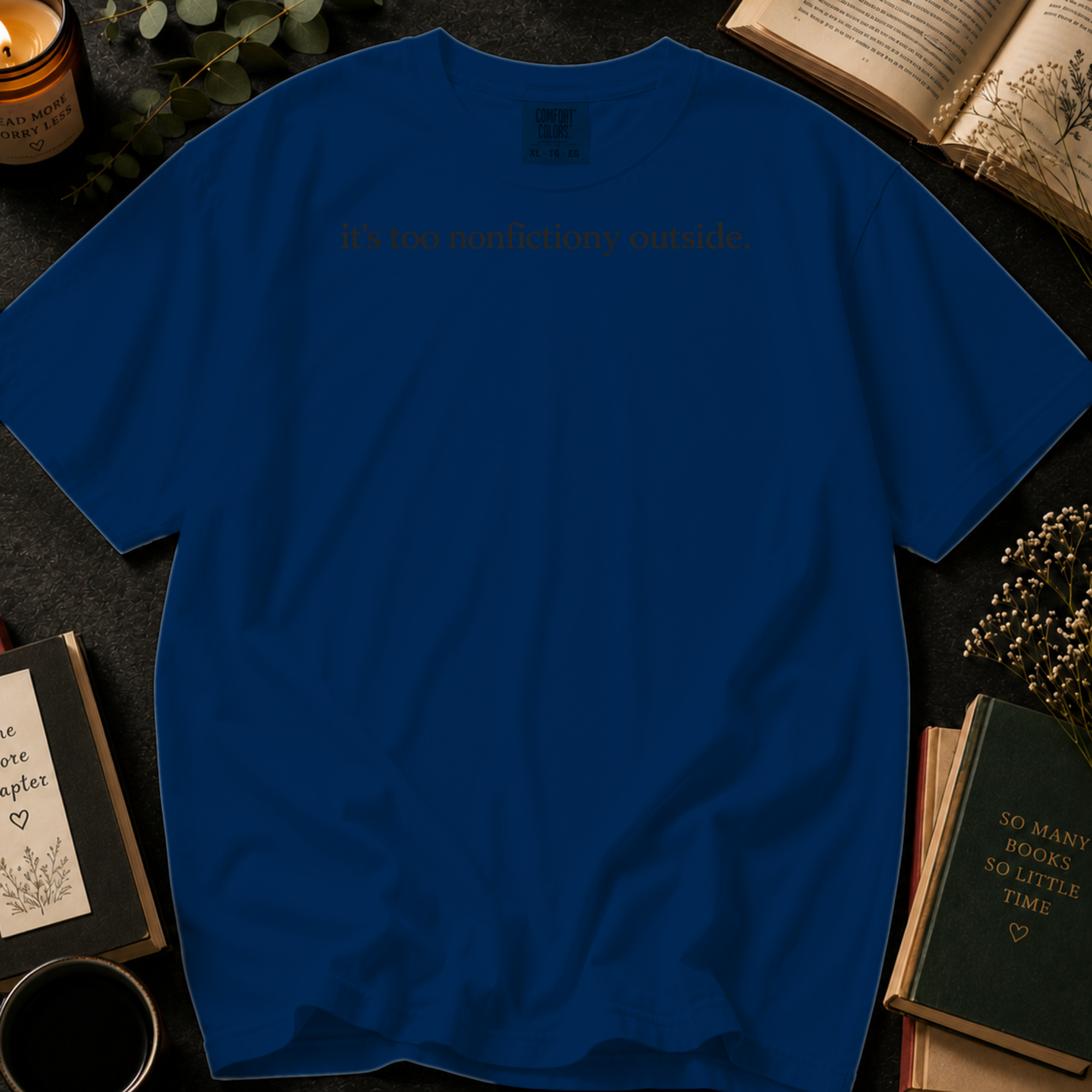 It's Too Nonfictiony Outside T-Shirt: Minimalist Book Lover in China Blue - Comfort Colors® T-Shirt