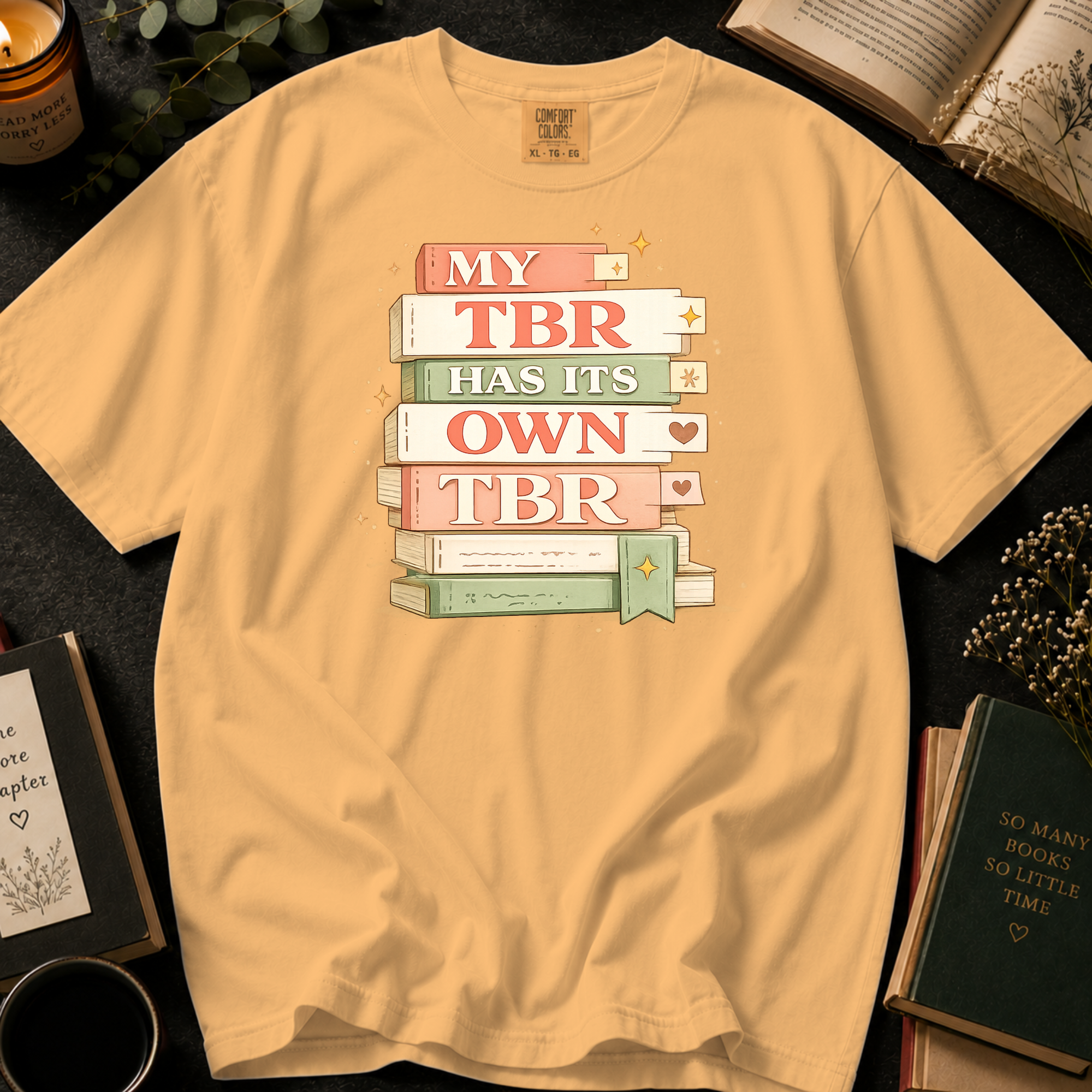 My TBR Has Its Own TBR T-Shirt: Stacked Book Spine in Citrus - Comfort Colors® T-Shirt