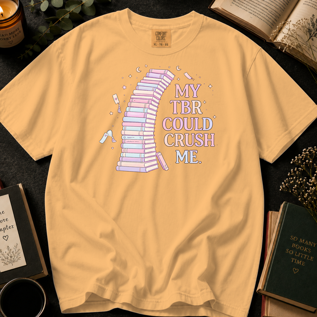 My TBR Could Crush Me T-Shirt: Pastel Leaning Book Tower in Citrus - Comfort Colors® T-Shirt