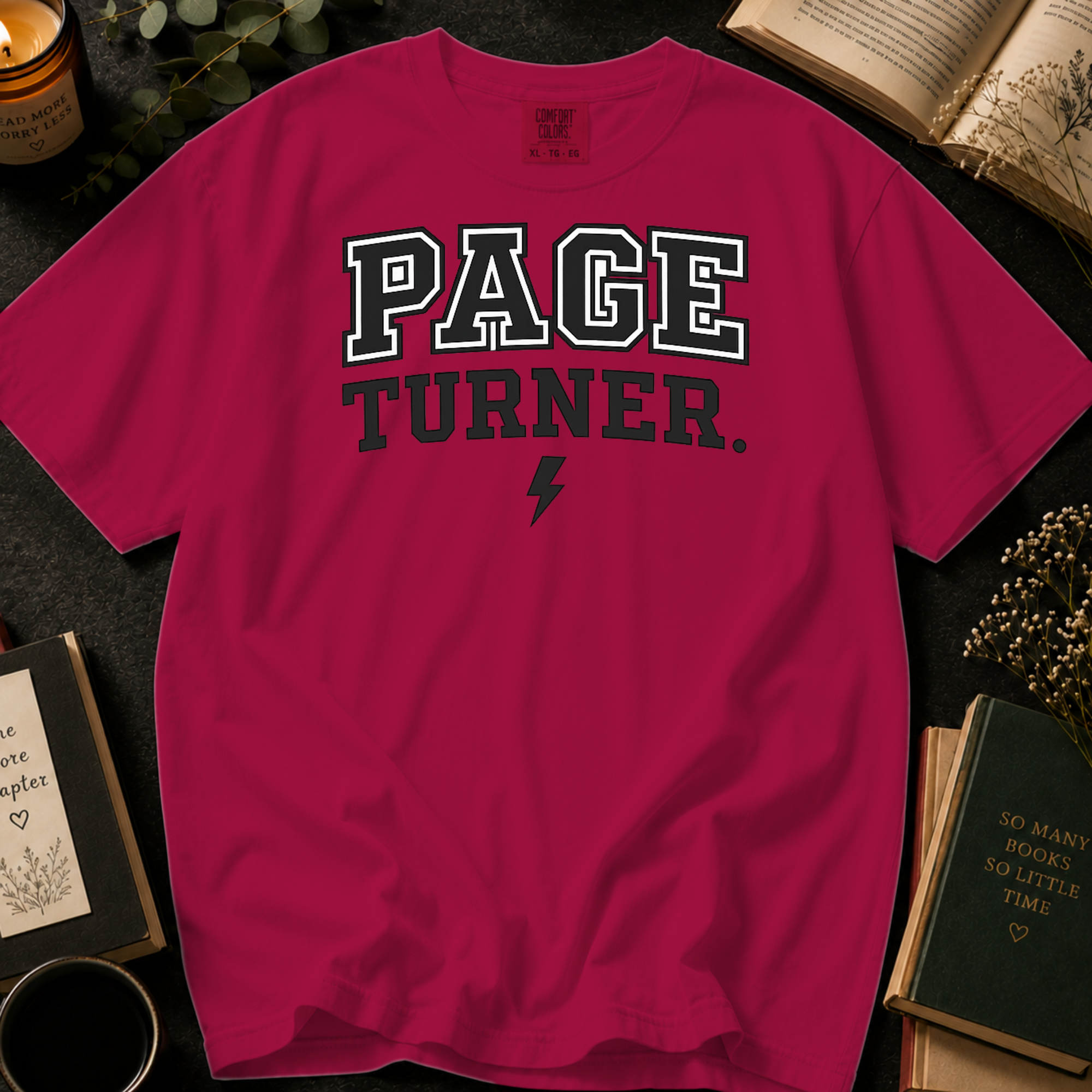 Page Turner T-Shirt: Varsity Style Book Lover in Crimson - Comfort Colors® T-Shirt