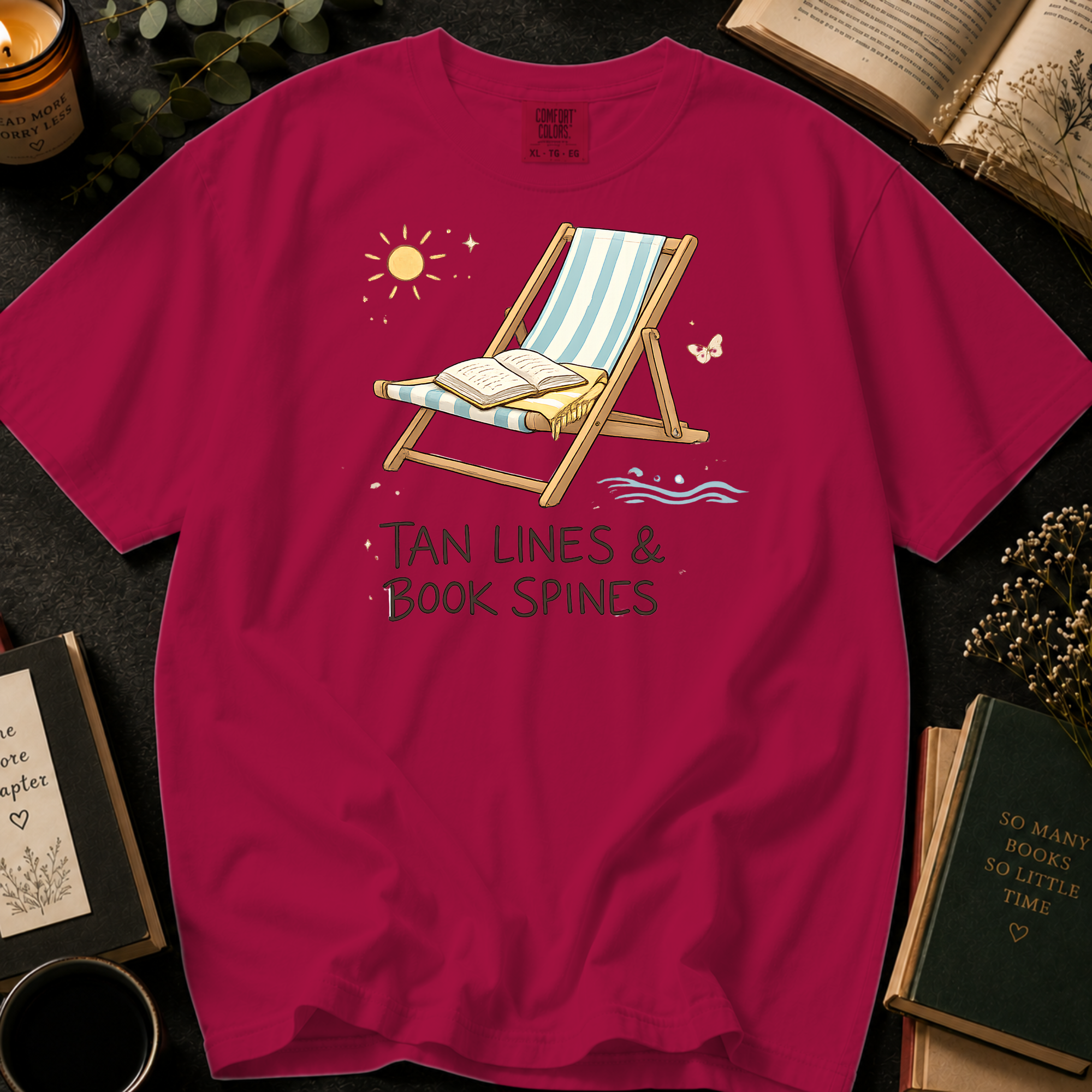 Tan Lines and Book Spines T-Shirt: Beach Chair in Crimson - Comfort Colors® T-Shirt