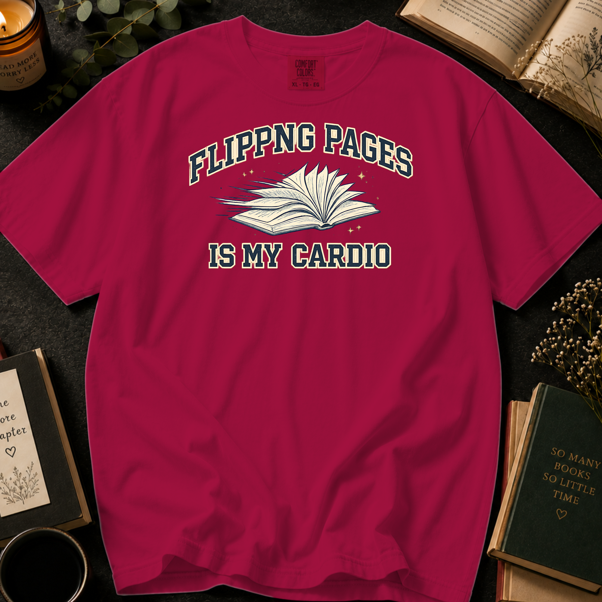 Flipping Pages Is My Cardio T-Shirt: Varsity Book in Crimson - Comfort Colors® T-Shirt