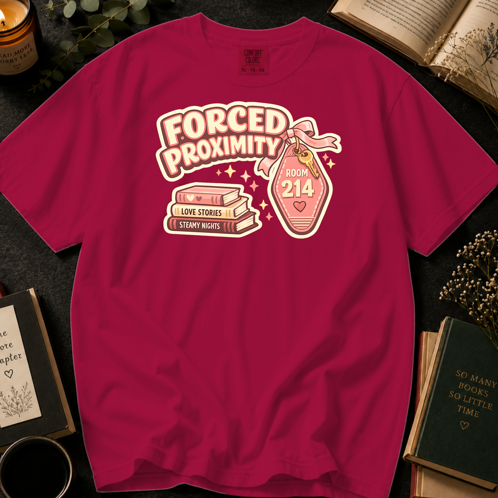 Forced Proximity Room 214 T-Shirt: Retro Motel Keychain in Crimson - Comfort Colors® T-Shirt