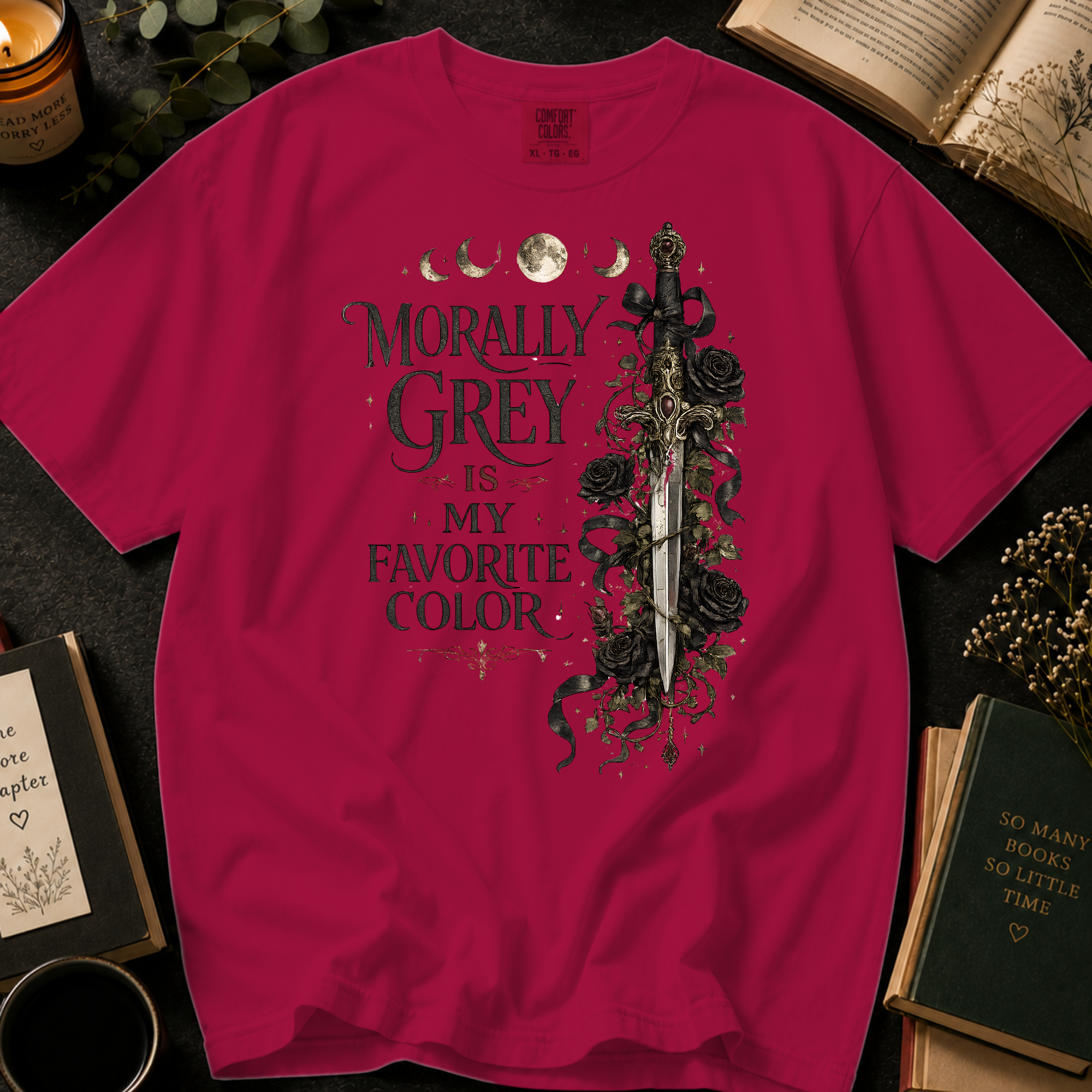 Morally Grey Is My Favorite Color T-Shirt: Gothic Dagger and Roses in Crimson - Comfort Colors® T-Shirt