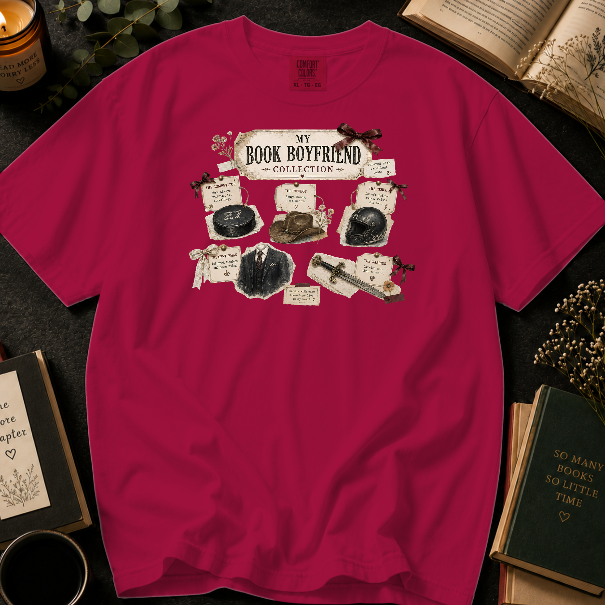 My Book Boyfriend Collection T-Shirt: Vintage Trading Card in Crimson - Comfort Colors® T-Shirt