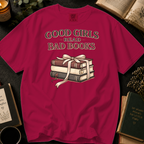 Good Girls Read Bad Books T-Shirt: Ribbon Tied Stack in Crimson - Comfort Colors® T-Shirt