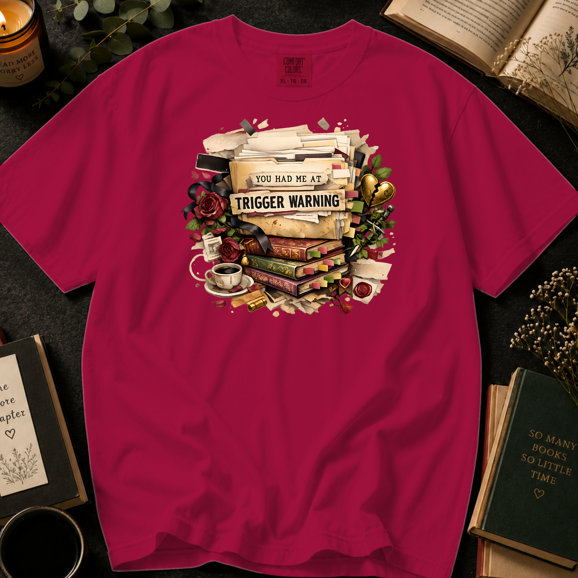 You Had Me At Trigger Warning T-Shirt: Vintage Book Stack in Crimson - Comfort Colors® T-Shirt