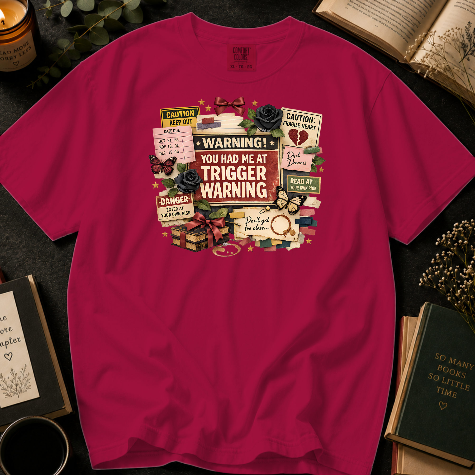 You Had Me At Trigger Warning T-Shirt: Warning Label Collage in Crimson - Comfort Colors® T-Shirt