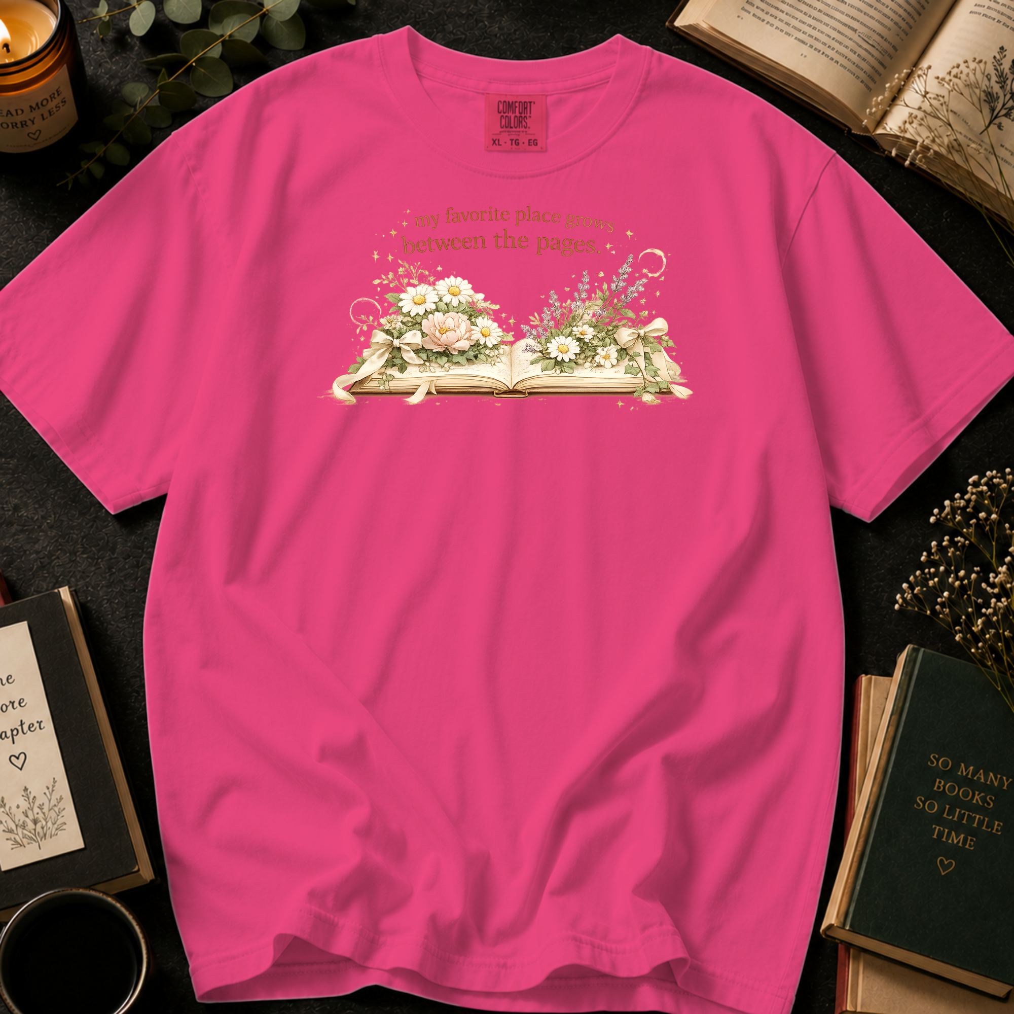 My Favorite Place Grows Between the Pages T-Shirt: Floral Open Book in Crunchberry - Comfort Colors® T-Shirt