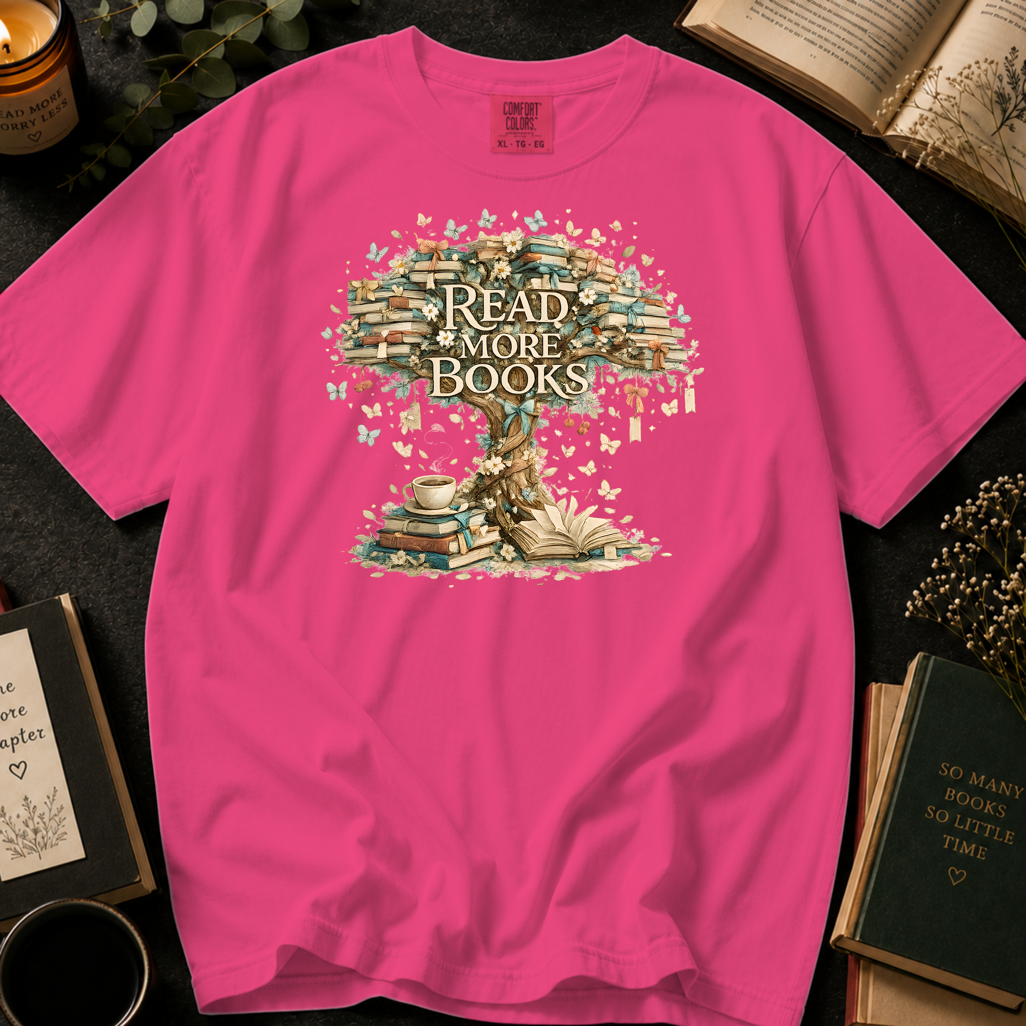 Read More Books T-Shirt: Vintage Book Tree in Crunchberry - Comfort Colors® T-Shirt