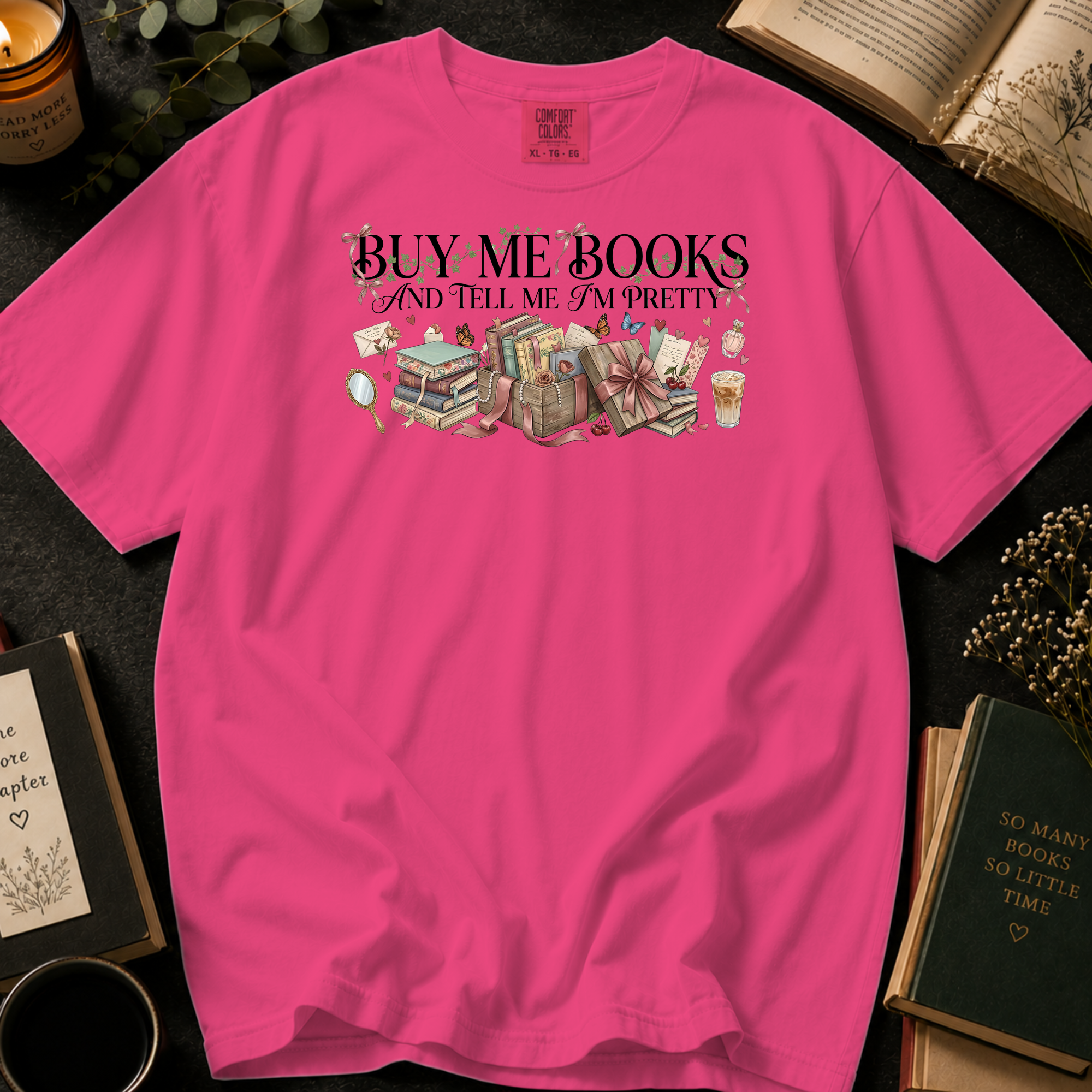 Buy Me Books and Tell Me I'm Pretty T-Shirt: Vintage Vanity and Gift Box in Crunchberry - Comfort Colors® T-Shirt