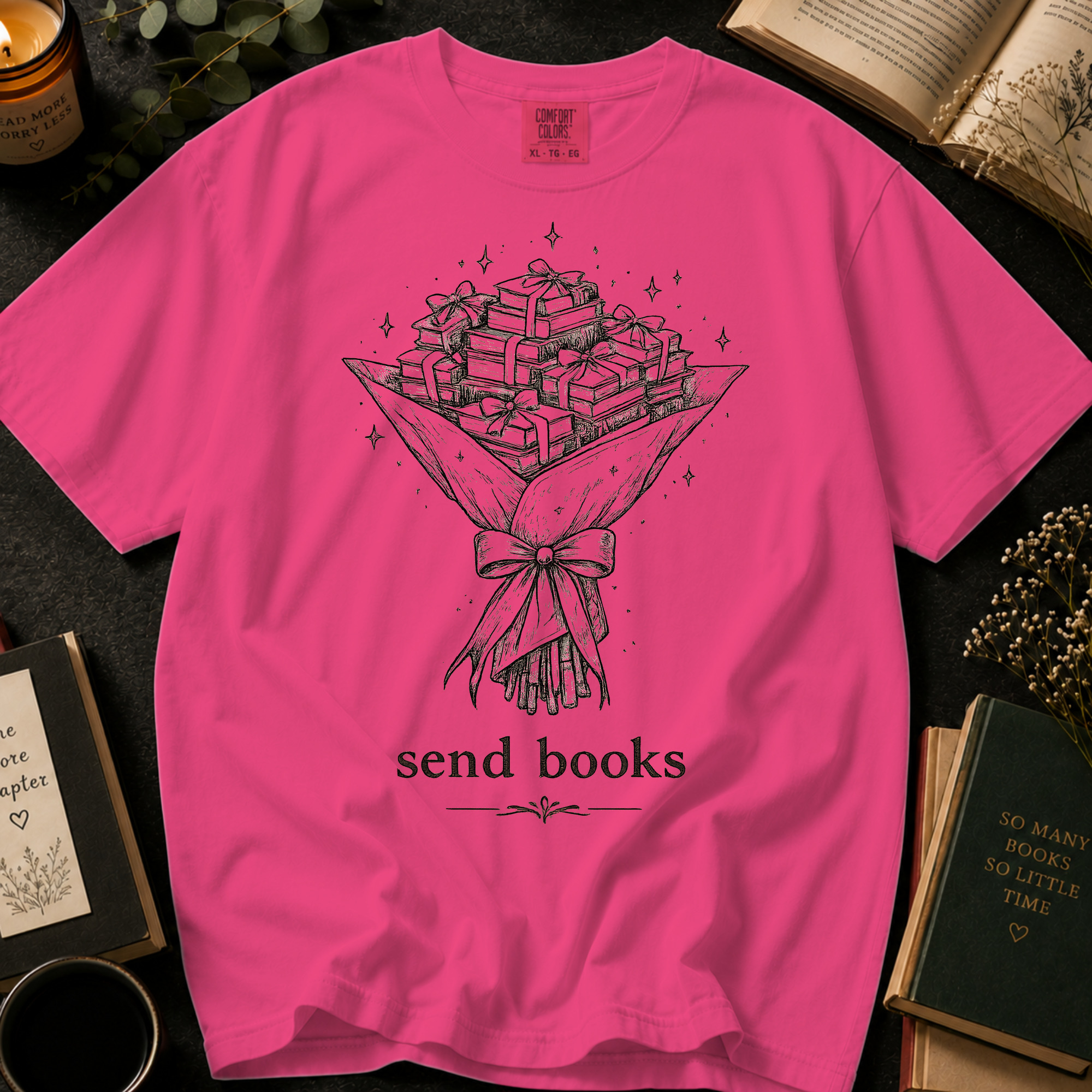 Send Books T-Shirt: Book Bouquet Sketch in Crunchberry - Comfort Colors® T-Shirt