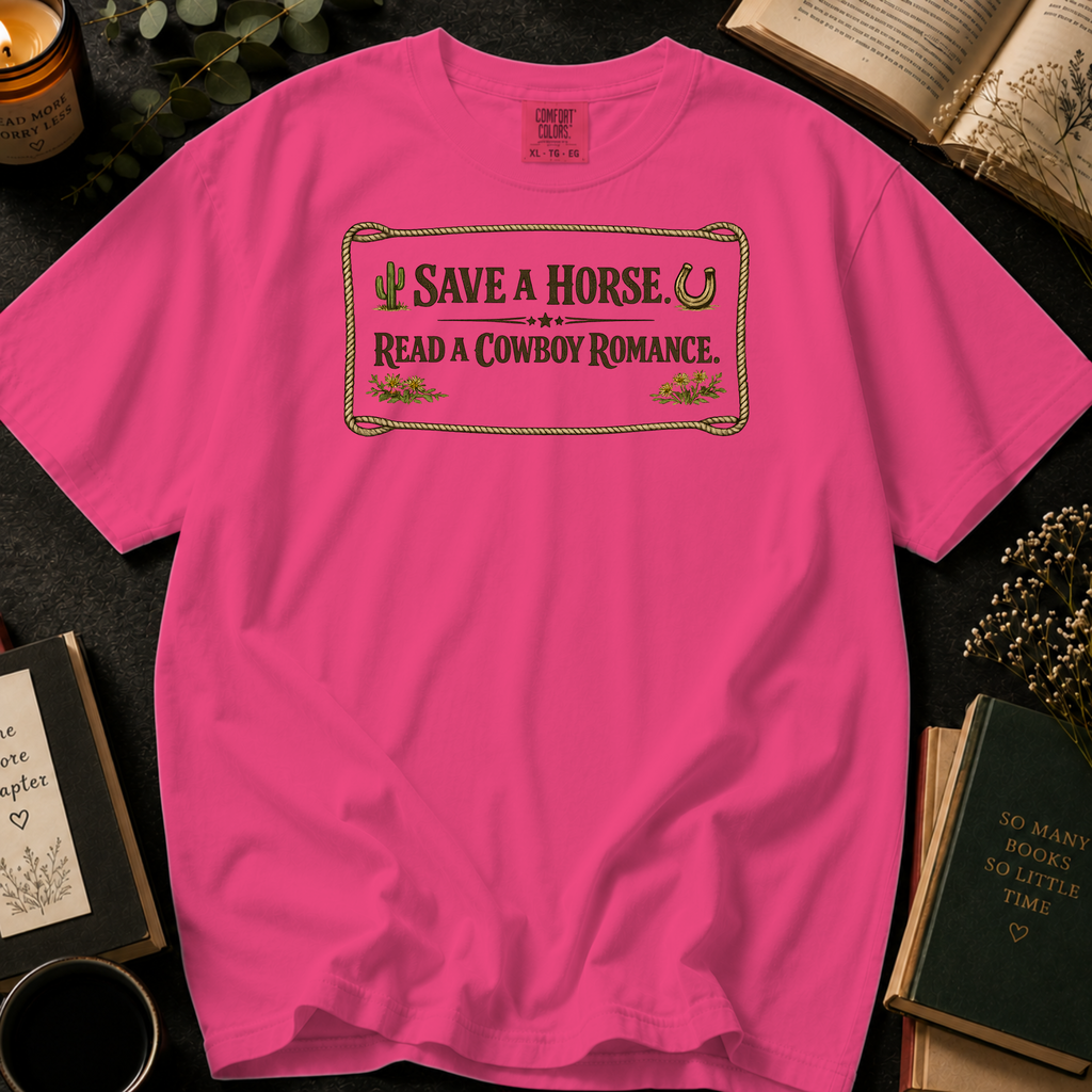 Save A Horse, Read A Cowboy Romance T-Shirt: Western Rope in Crunchberry - Comfort Colors® T-Shirt