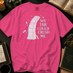 My TBR Could Crush Me T-Shirt: Pastel Leaning Book Tower in Crunchberry - Comfort Colors® T-Shirt