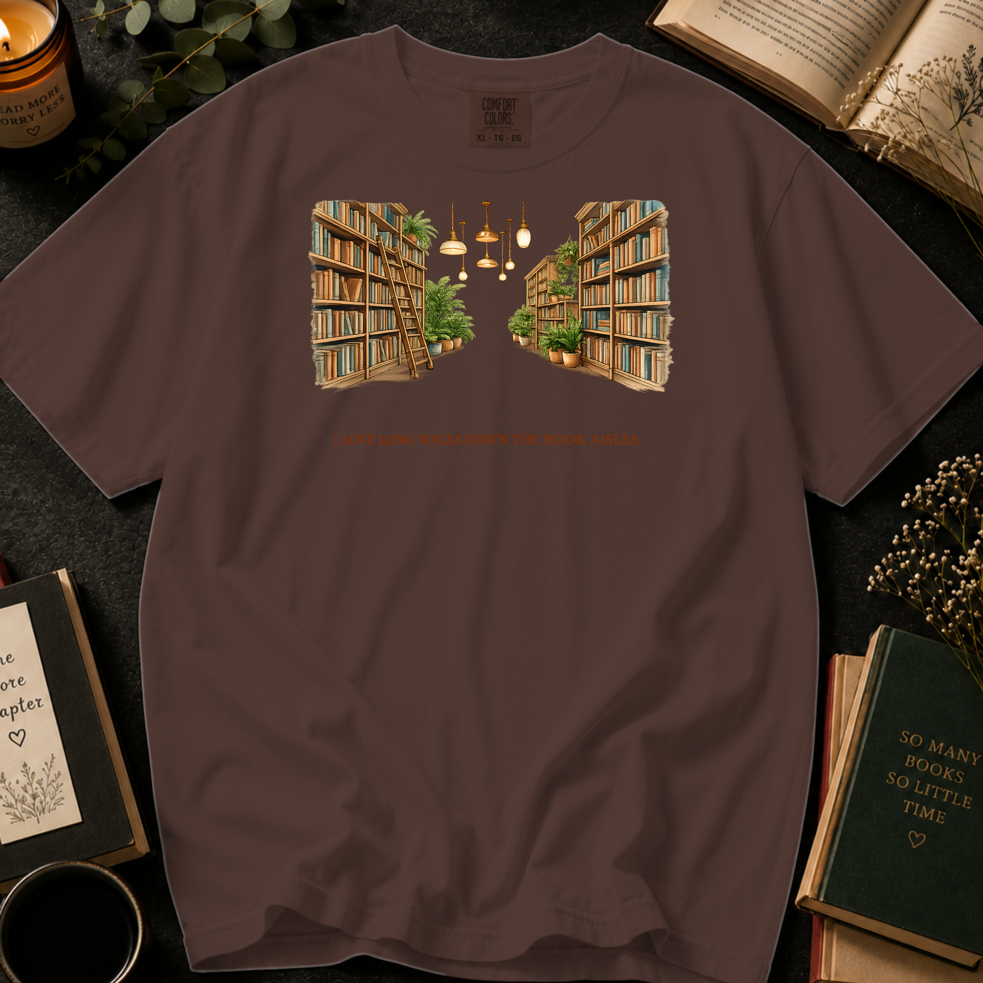 I Love Long Walks Down The Book Aisles T-Shirt: Cozy Library in Espresso - Comfort Colors® T-Shirt
