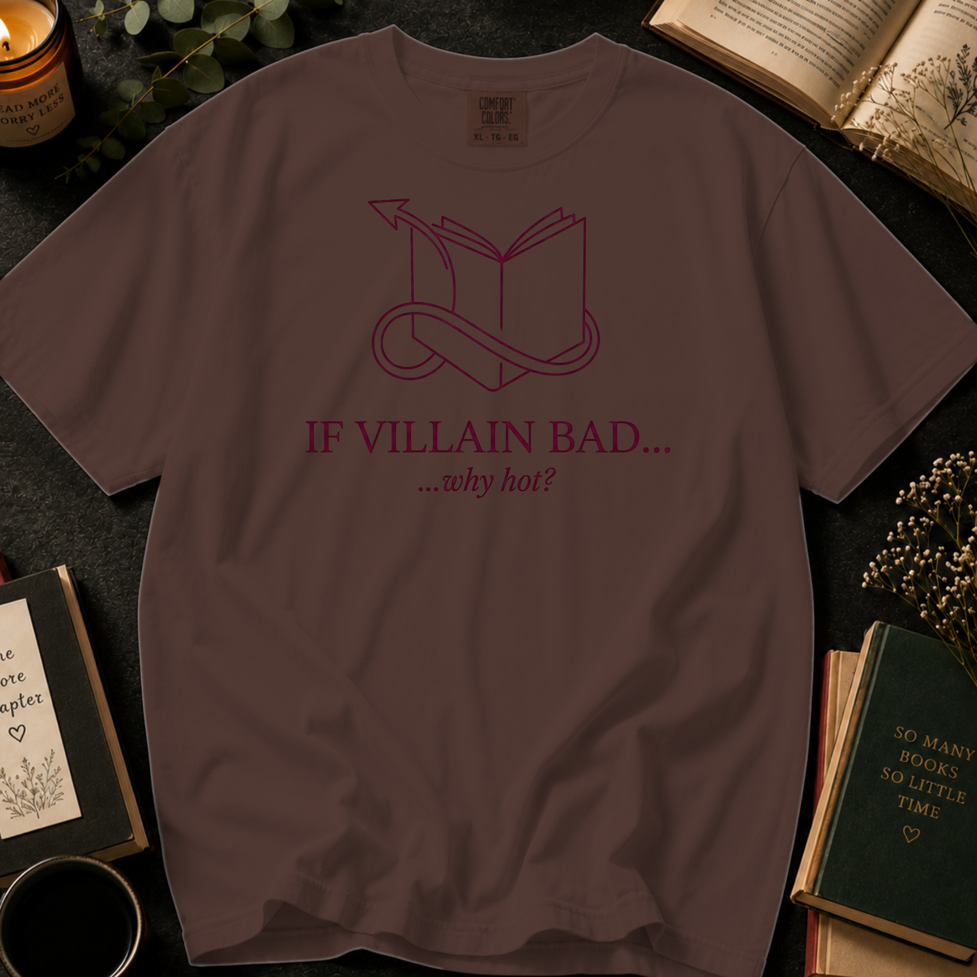 If Villain Bad Why Hot T-Shirt: Line Art Devil Tail Book in Espresso - Comfort Colors® T-Shirt