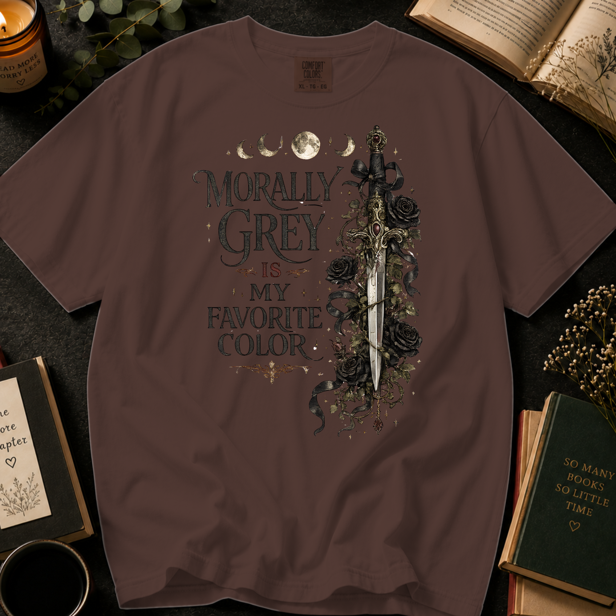 Morally Grey Is My Favorite Color T-Shirt: Gothic Dagger and Roses in Espresso - Comfort Colors® T-Shirt