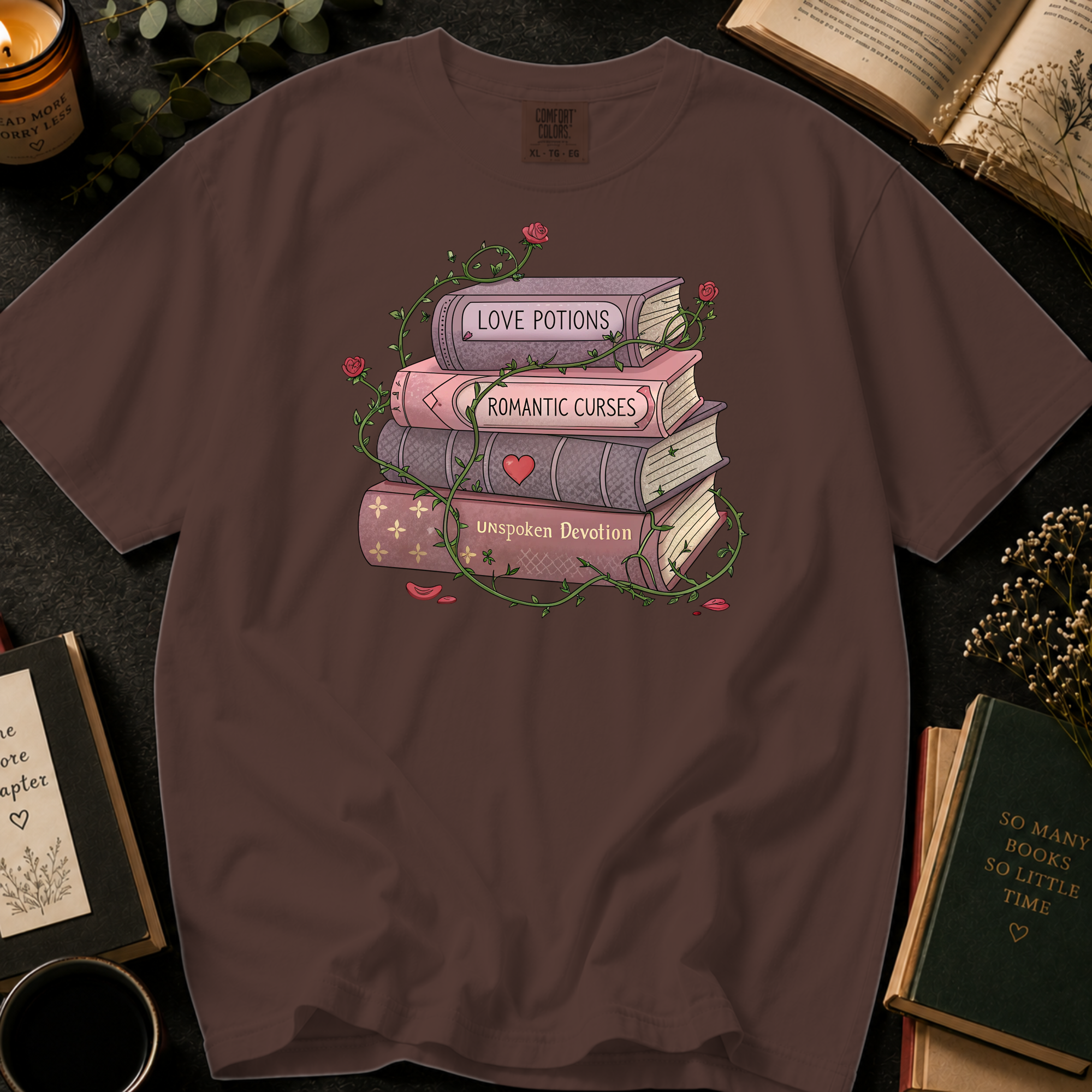 Love Potions and Romantic Curses T-Shirt: Rose Wrapped Book Stack in Espresso - Comfort Colors® T-Shirt