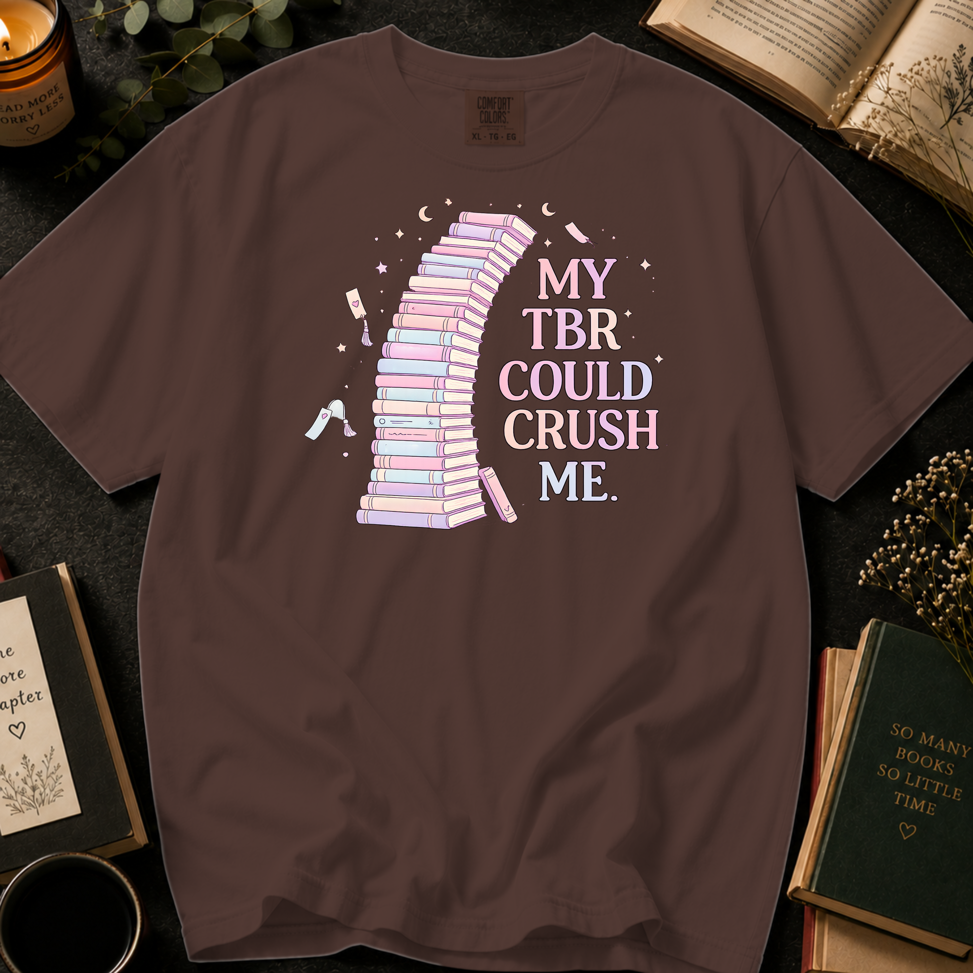 My TBR Could Crush Me T-Shirt: Pastel Leaning Book Tower in Espresso - Comfort Colors® T-Shirt