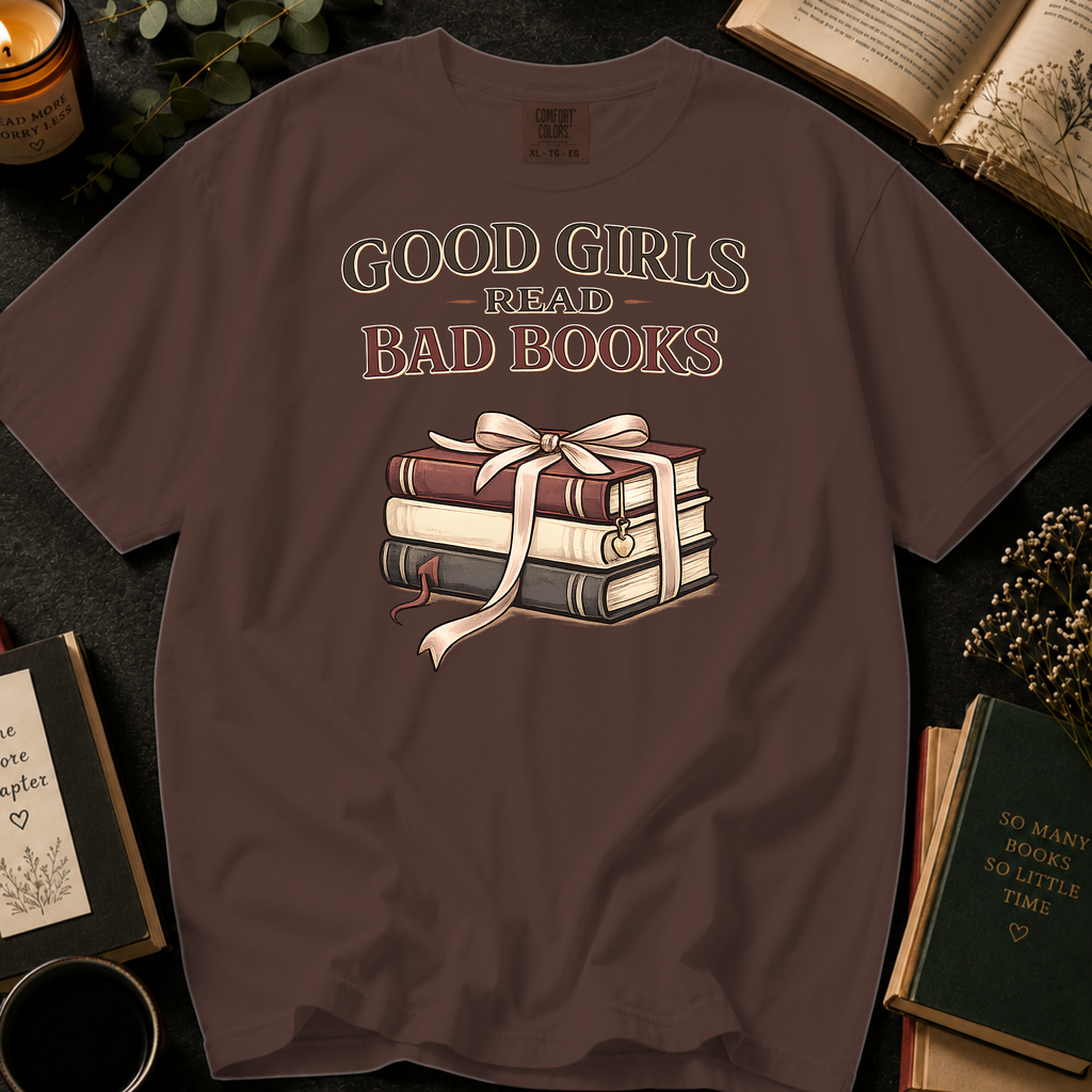 Good Girls Read Bad Books T-Shirt: Ribbon Tied Stack in Espresso - Comfort Colors® T-Shirt