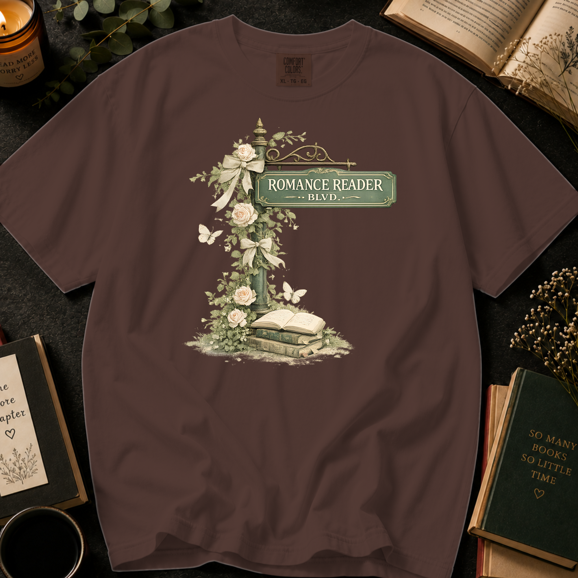 Romance Reader Blvd T-Shirt: Vintage Street Sign Floral in Espresso - Comfort Colors® T-Shirt