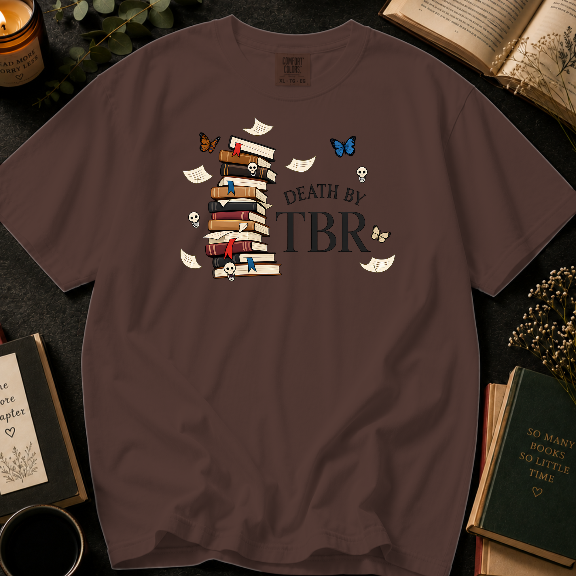 Death By TBR T-Shirt: Gothic Book Stack in Espresso - Comfort Colors® T-Shirt