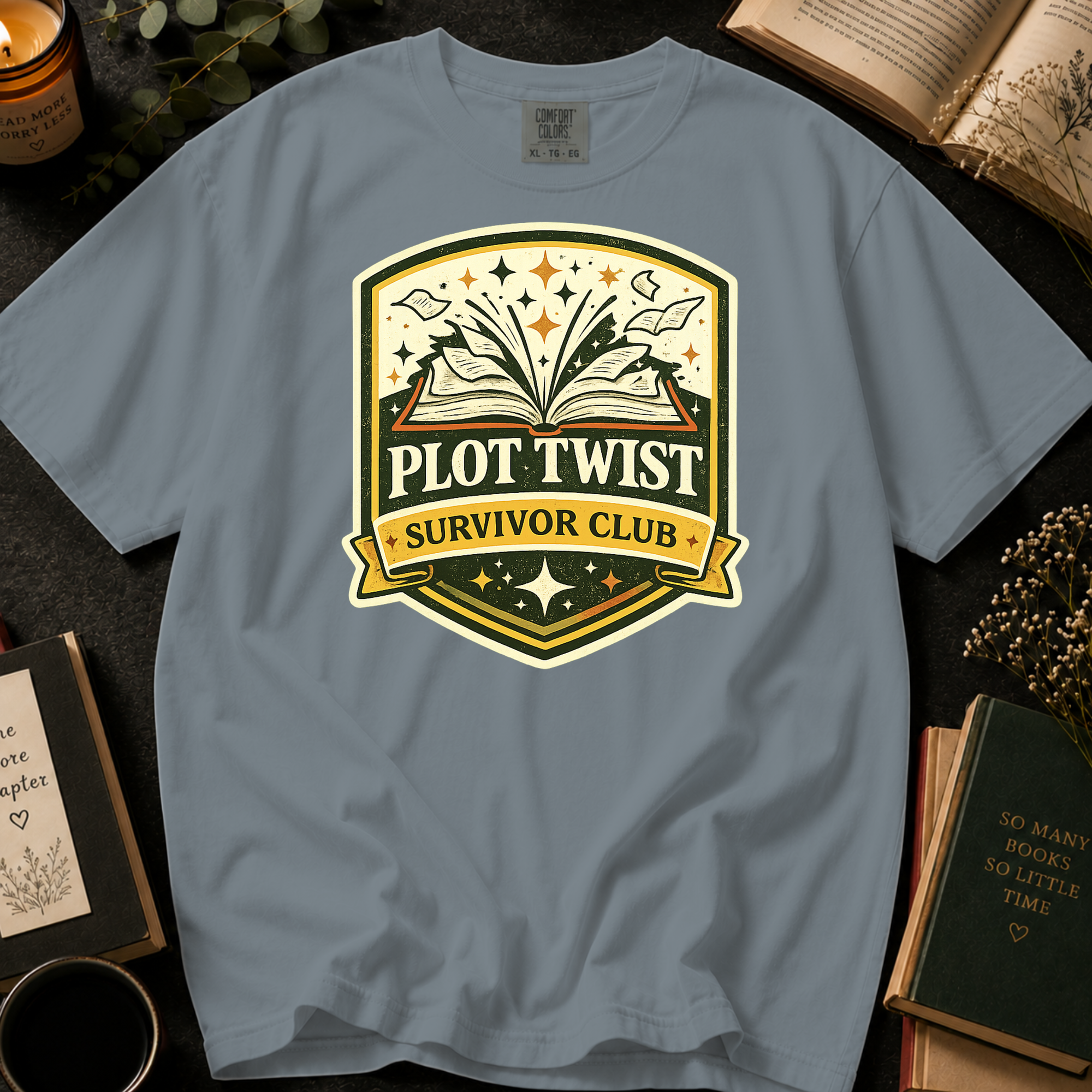 Plot Twist Survivor Club T-Shirt: Vintage Badge Book Lover in Granite - Comfort Colors® T-Shirt