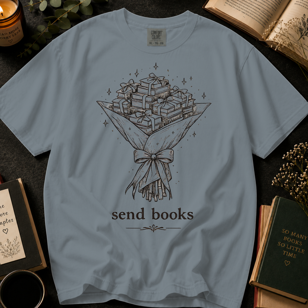 Send Books T-Shirt: Book Bouquet Sketch in Granite - Comfort Colors® T-Shirt