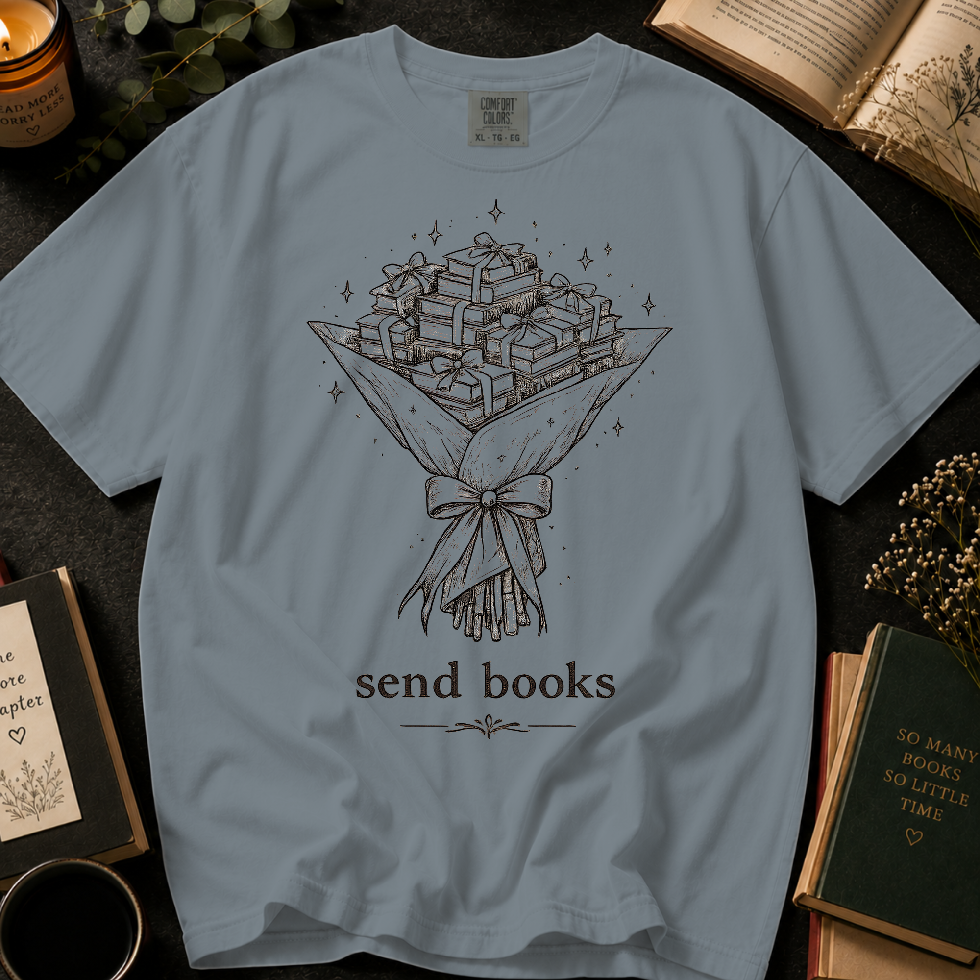 Send Books T-Shirt: Book Bouquet Sketch in Granite - Comfort Colors® T-Shirt