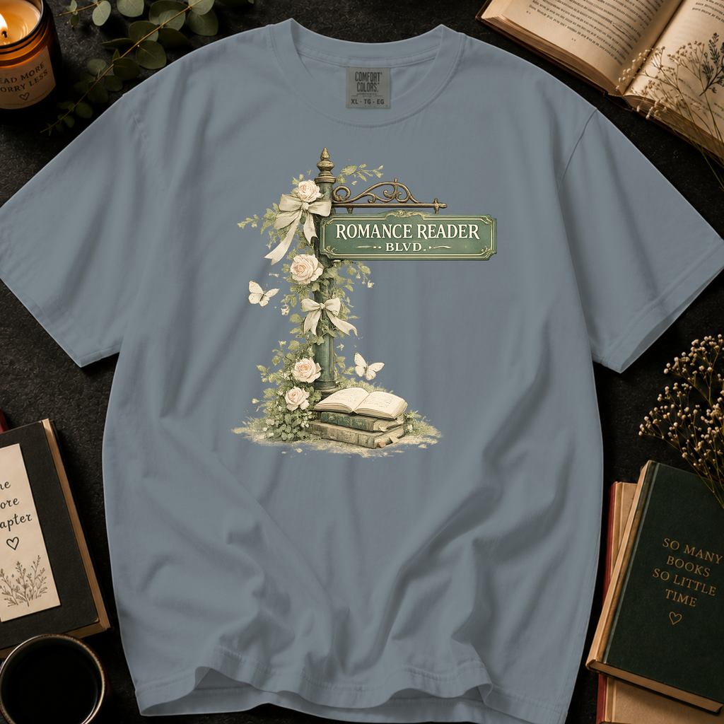 Romance Reader Blvd T-Shirt: Vintage Street Sign Floral in Granite - Comfort Colors® T-Shirt