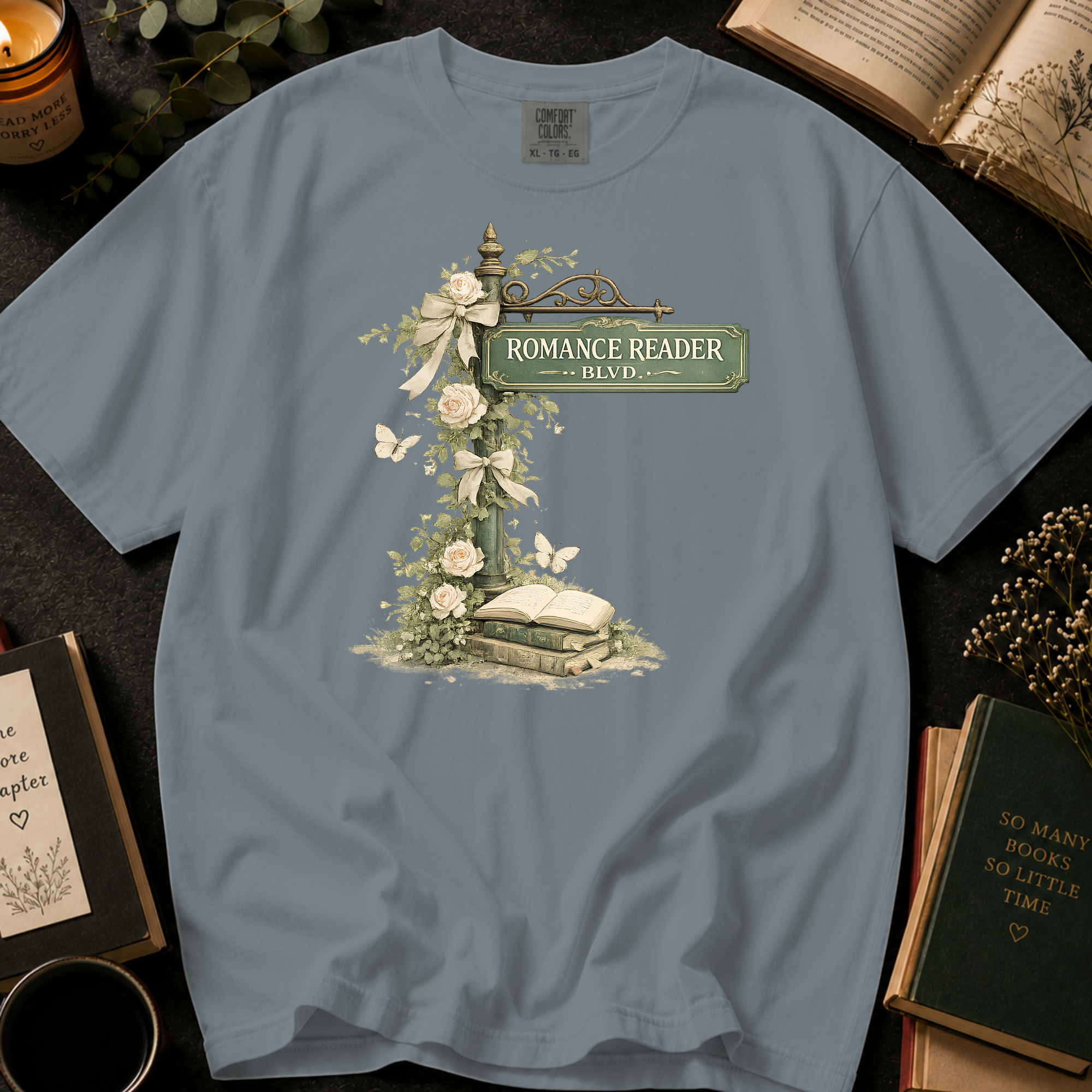 Romance Reader Blvd T-Shirt: Vintage Street Sign Floral in Granite - Comfort Colors® T-Shirt
