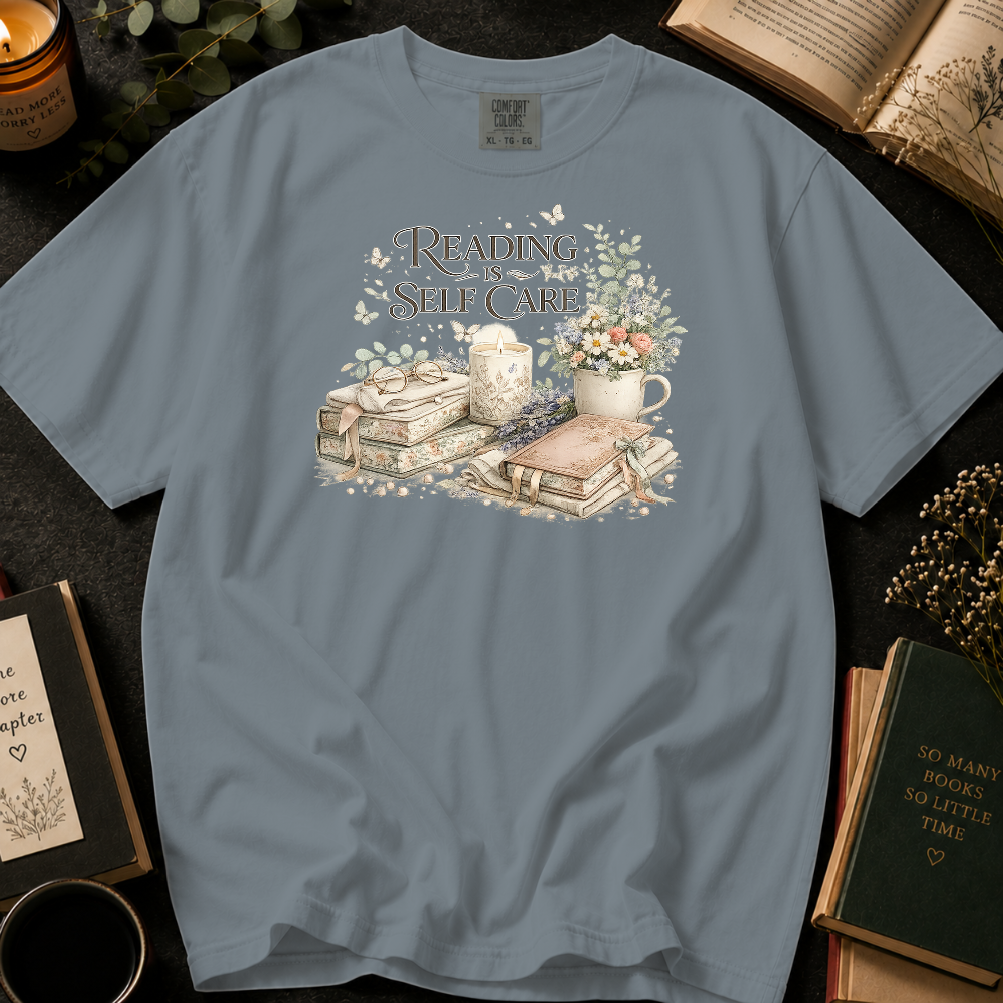 Reading Is Self Care T-Shirt: Candlelight and Books in Granite - Comfort Colors® T-Shirt