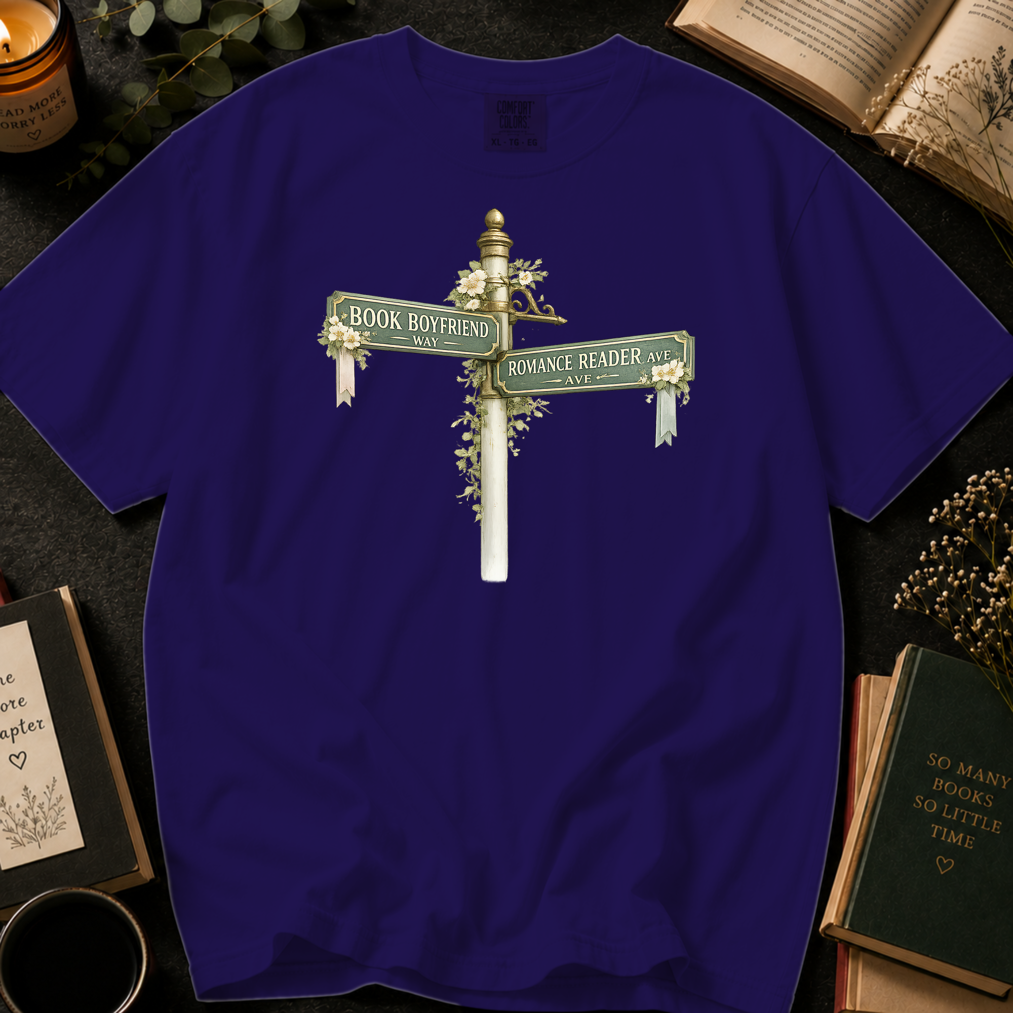 Book Boyfriend Way and Romance Reader Ave T-Shirt: Vintage Street Sign in Grape - Comfort Colors® T-Shirt