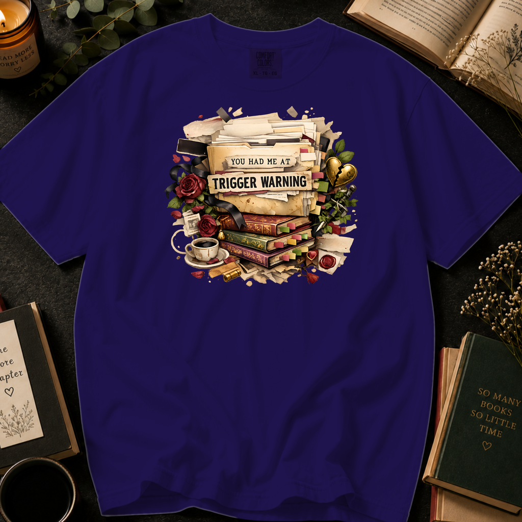 You Had Me At Trigger Warning T-Shirt: Vintage Book Stack in Grape - Comfort Colors® T-Shirt