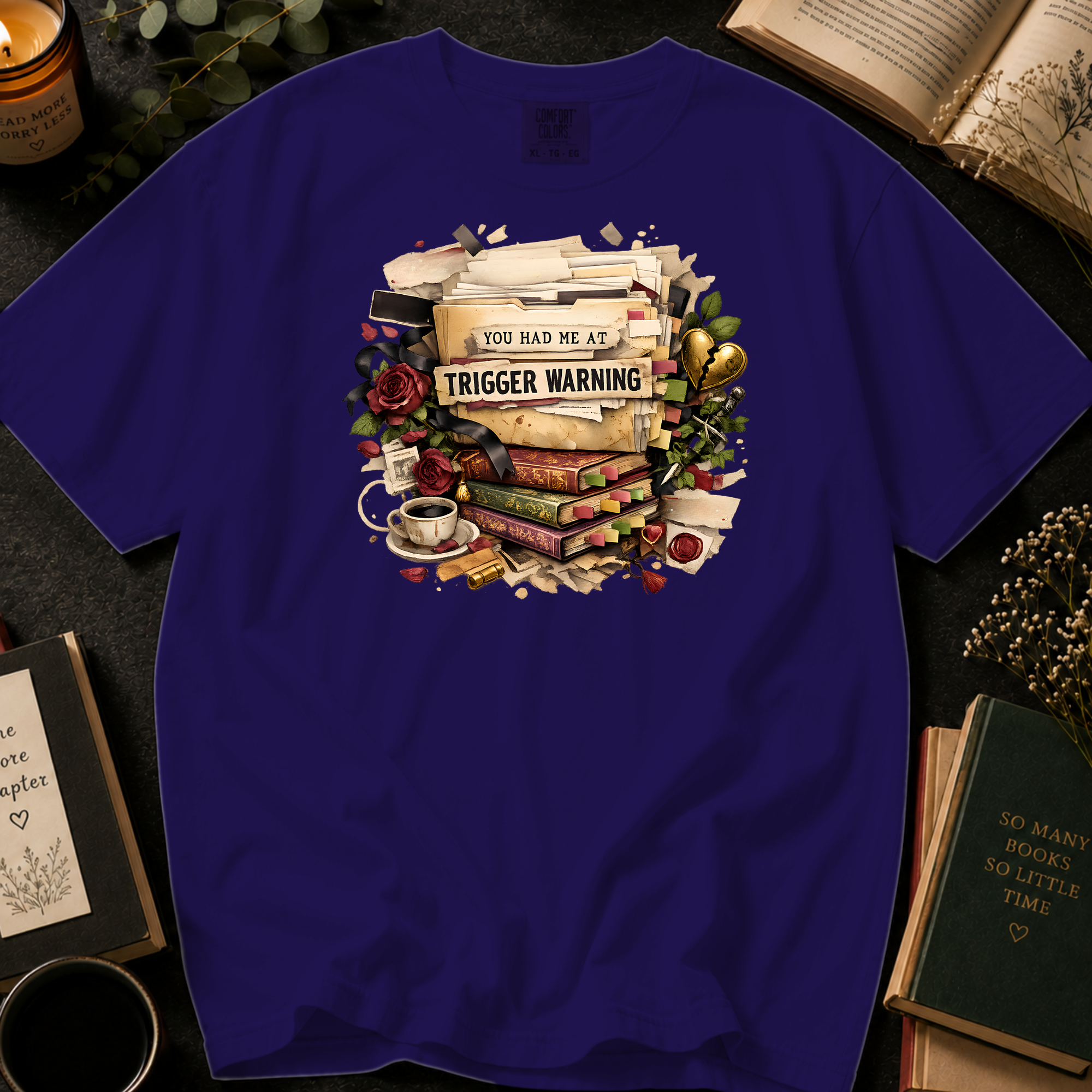 You Had Me At Trigger Warning T-Shirt: Vintage Book Stack in Grape - Comfort Colors® T-Shirt