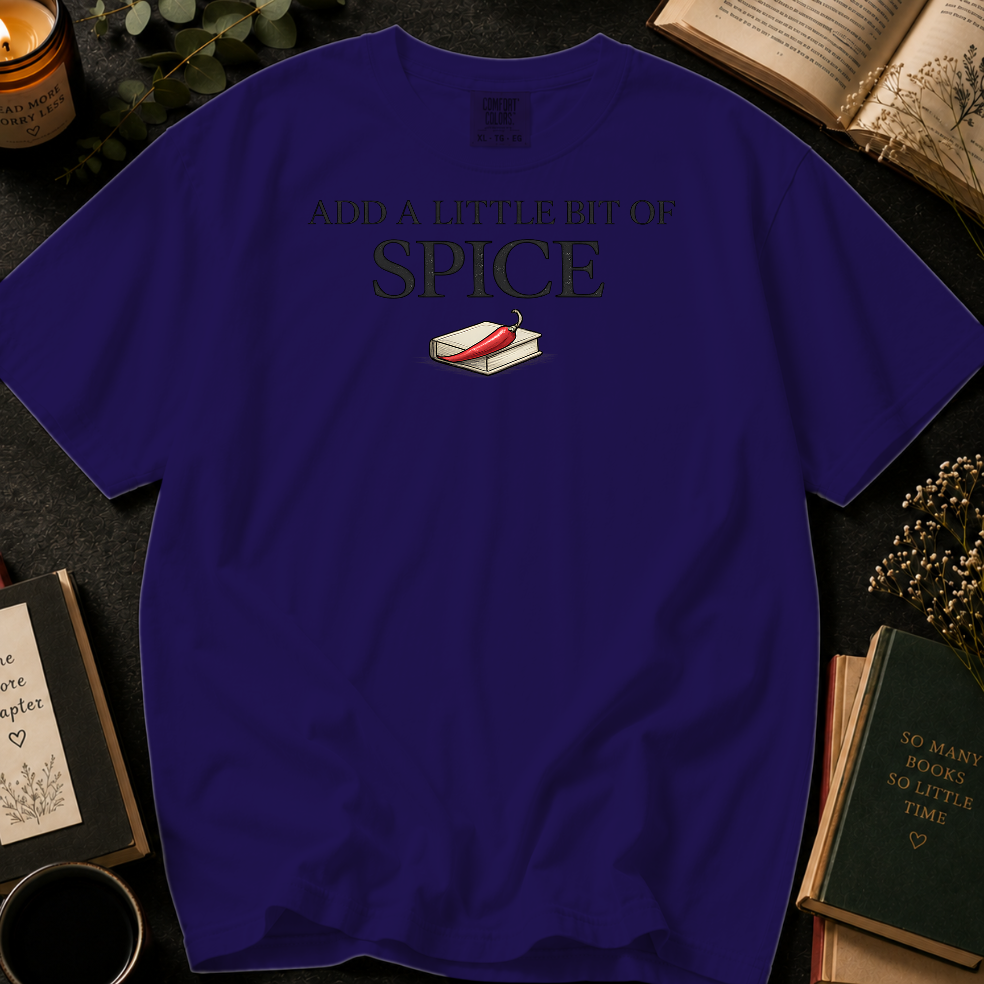 Add A Little Bit Of Spice T-Shirt: Chili and Book Minimalist in Grape - Comfort Colors® T-Shirt