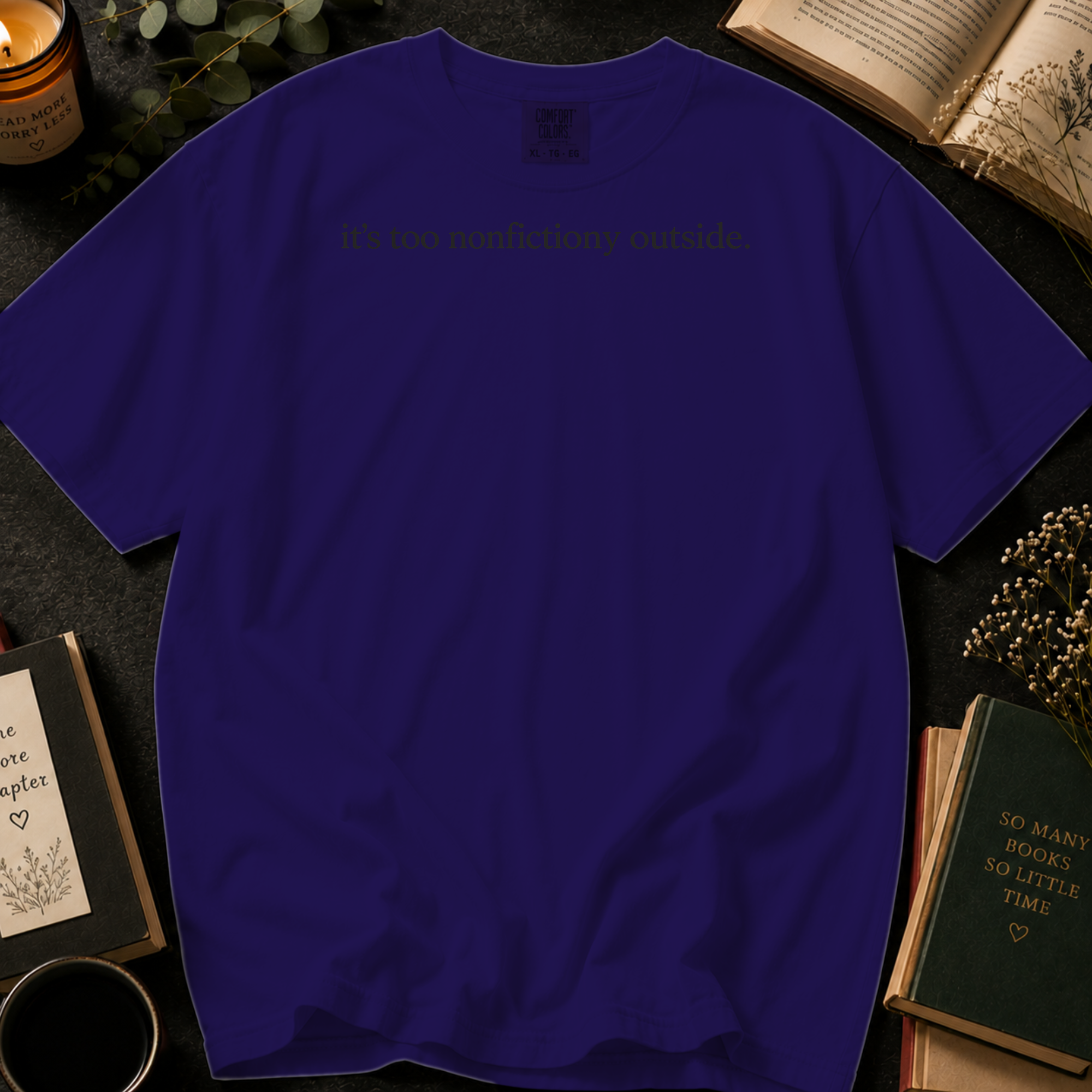 It's Too Nonfictiony Outside T-Shirt: Minimalist Book Lover in Grape - Comfort Colors® T-Shirt