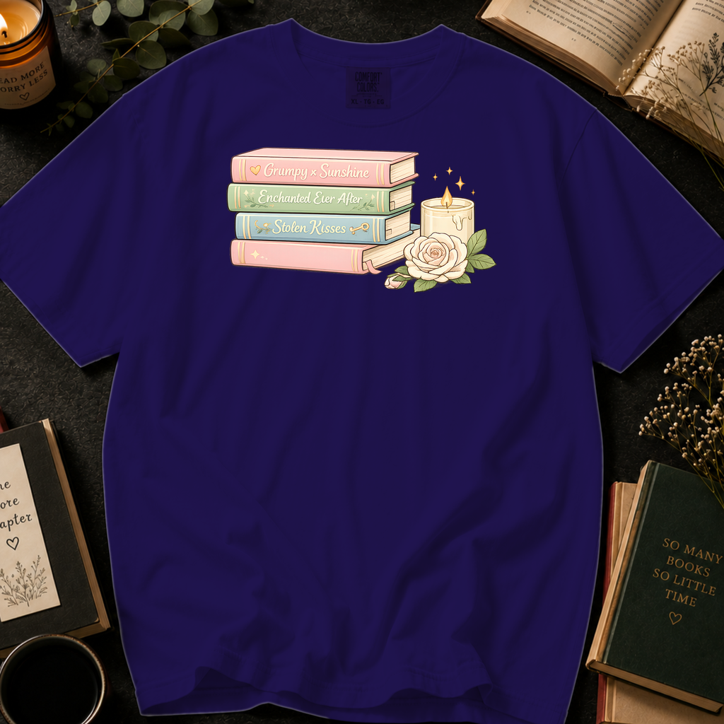 Grumpy x Sunshine T-Shirt: Pastel Romance Book Stack in Grape - Comfort Colors® T-Shirt