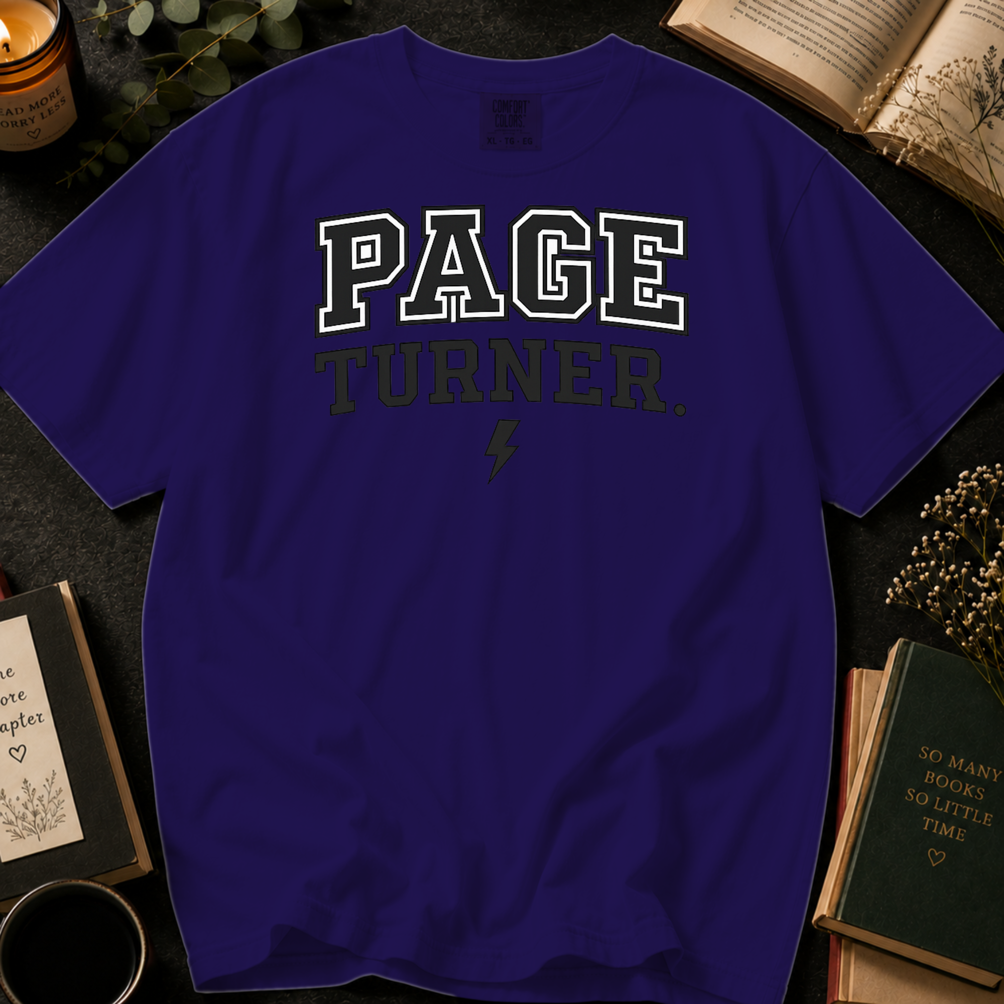 Page Turner T-Shirt: Varsity Style Book Lover in Grape - Comfort Colors® T-Shirt