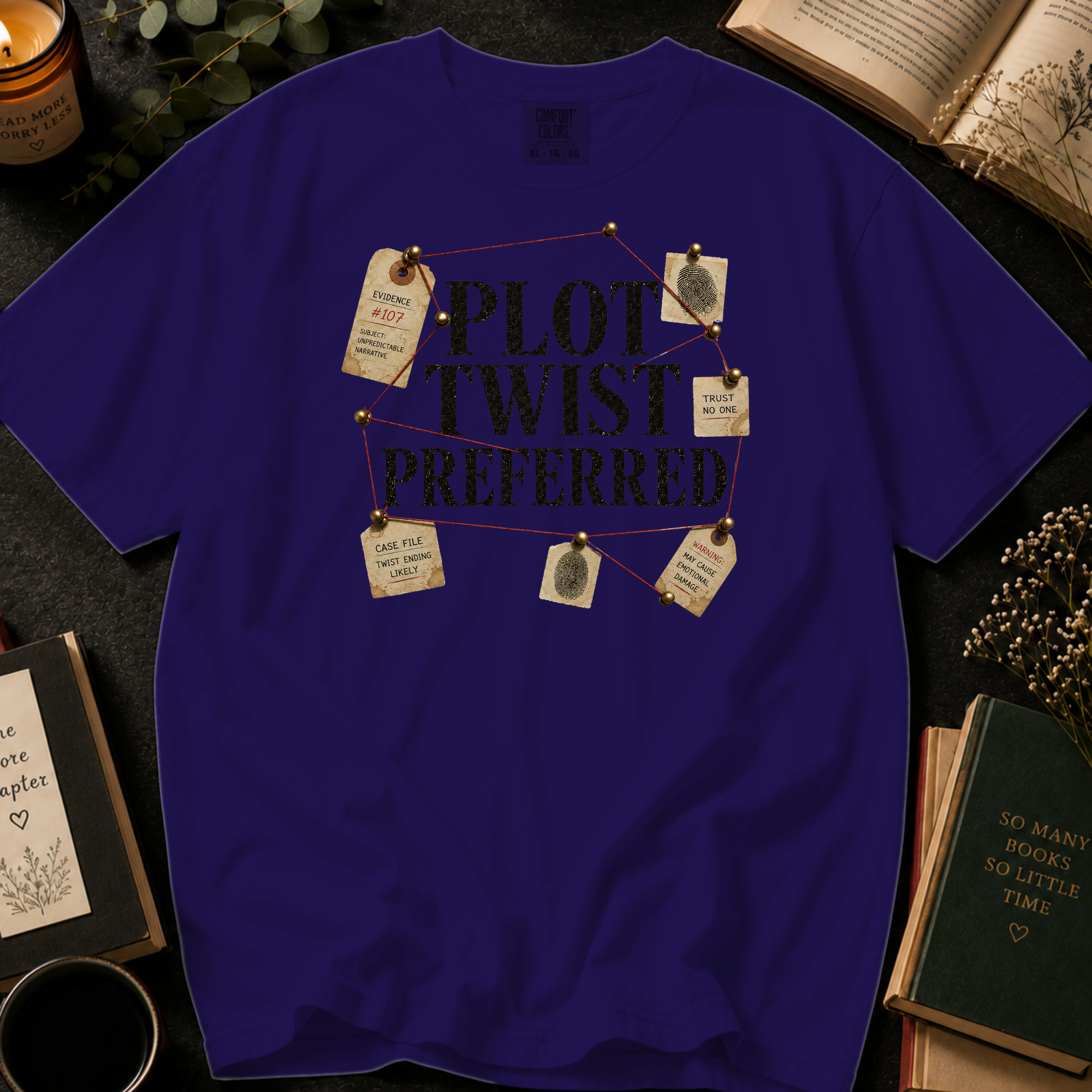 Plot Twist Preferred T-Shirt: Detective Evidence Board in Grape - Comfort Colors® T-Shirt