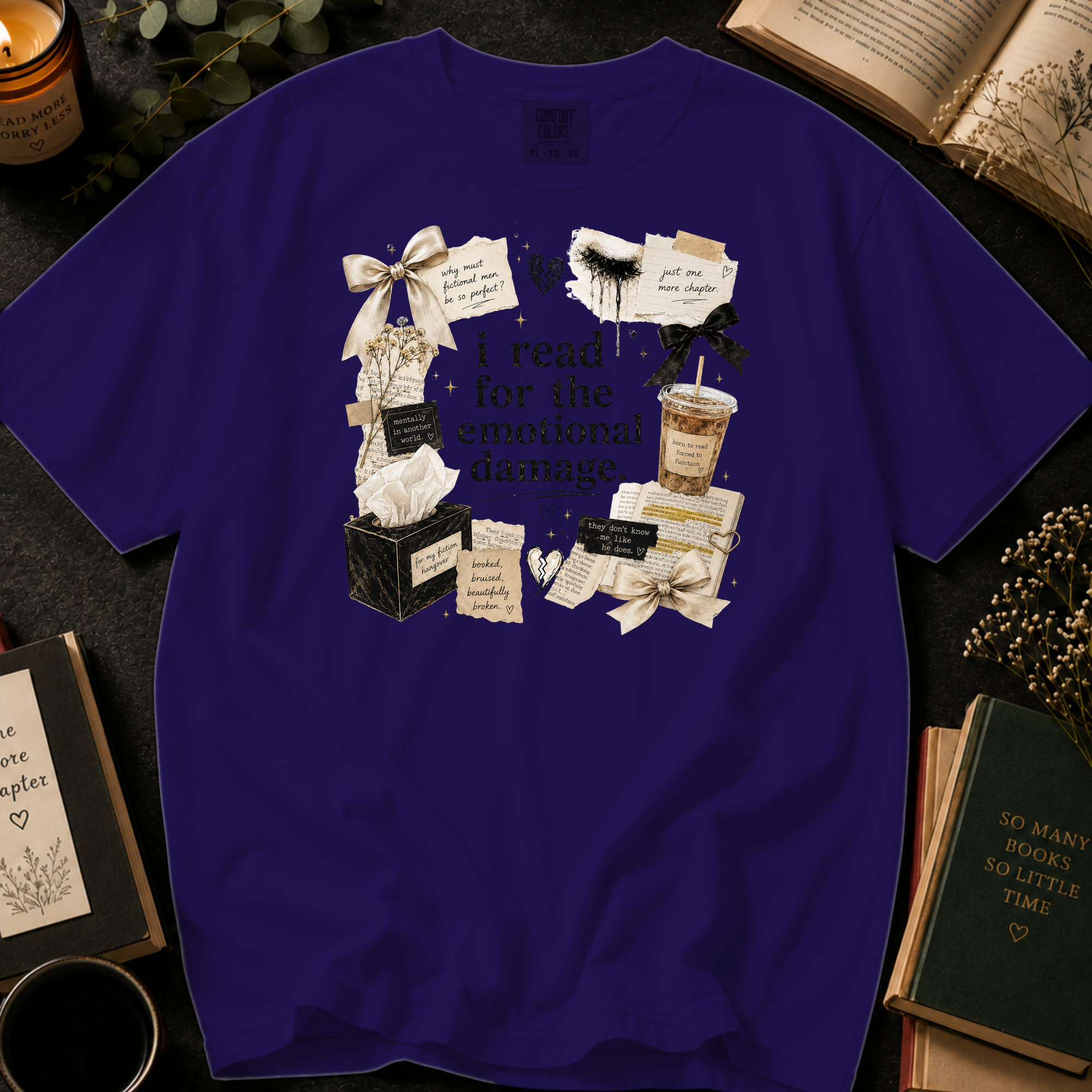 I Read For The Emotional Damage T-Shirt: Book Lover Collage in Grape - Comfort Colors® T-Shirt