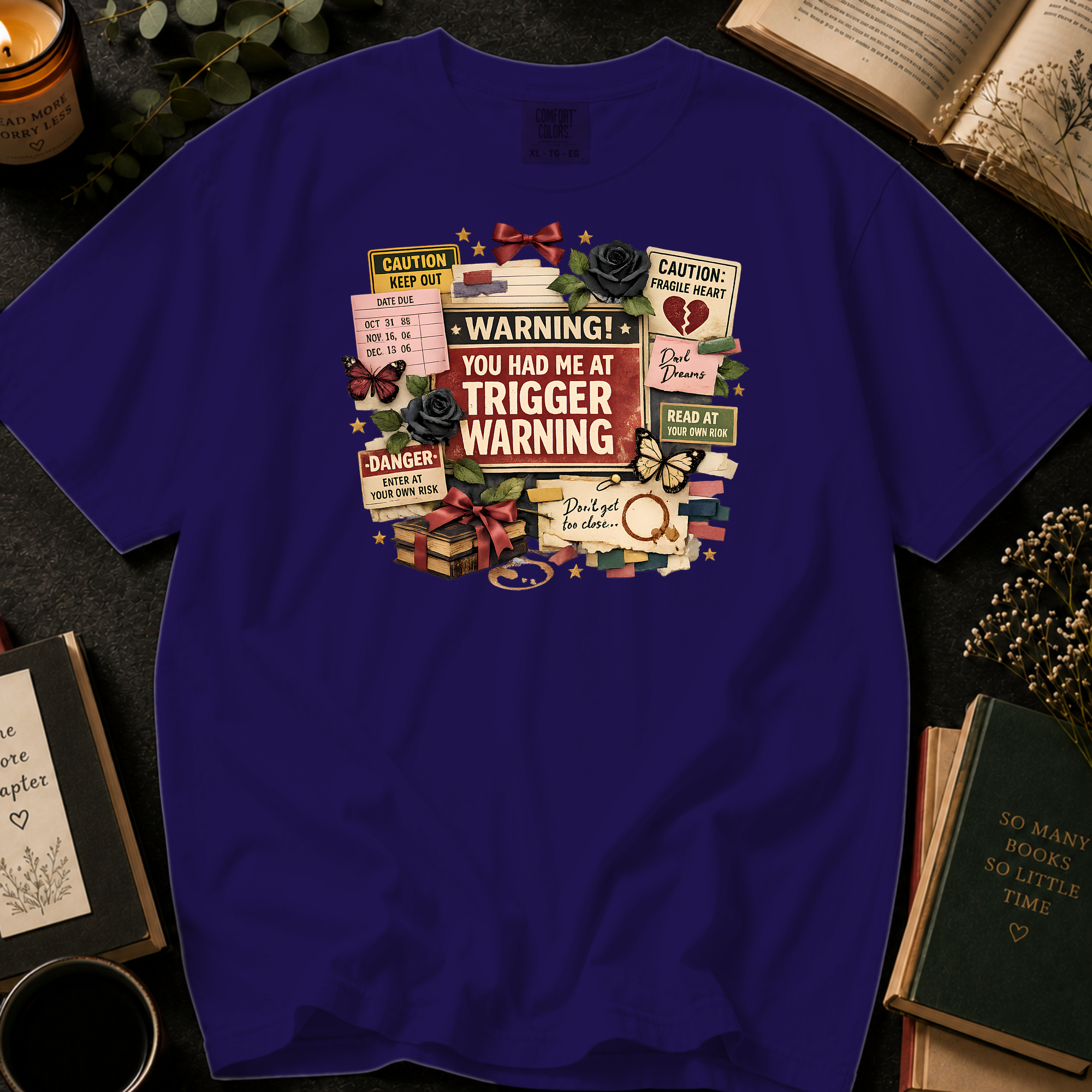 You Had Me At Trigger Warning T-Shirt: Warning Label Collage in Grape - Comfort Colors® T-Shirt
