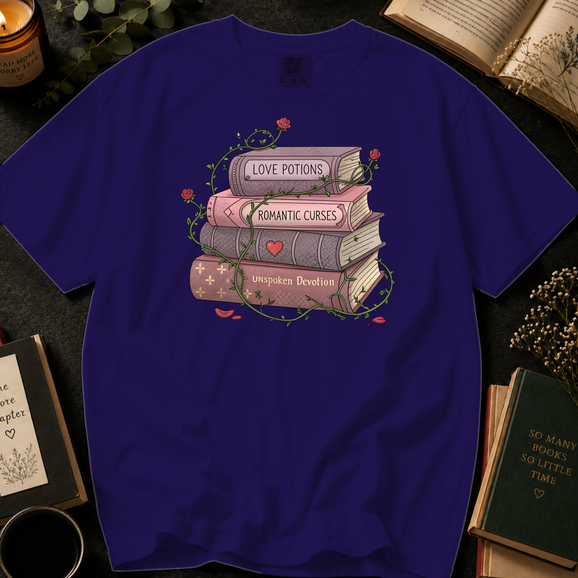 Love Potions and Romantic Curses T-Shirt: Rose Wrapped Book Stack in Grape - Comfort Colors® T-Shirt