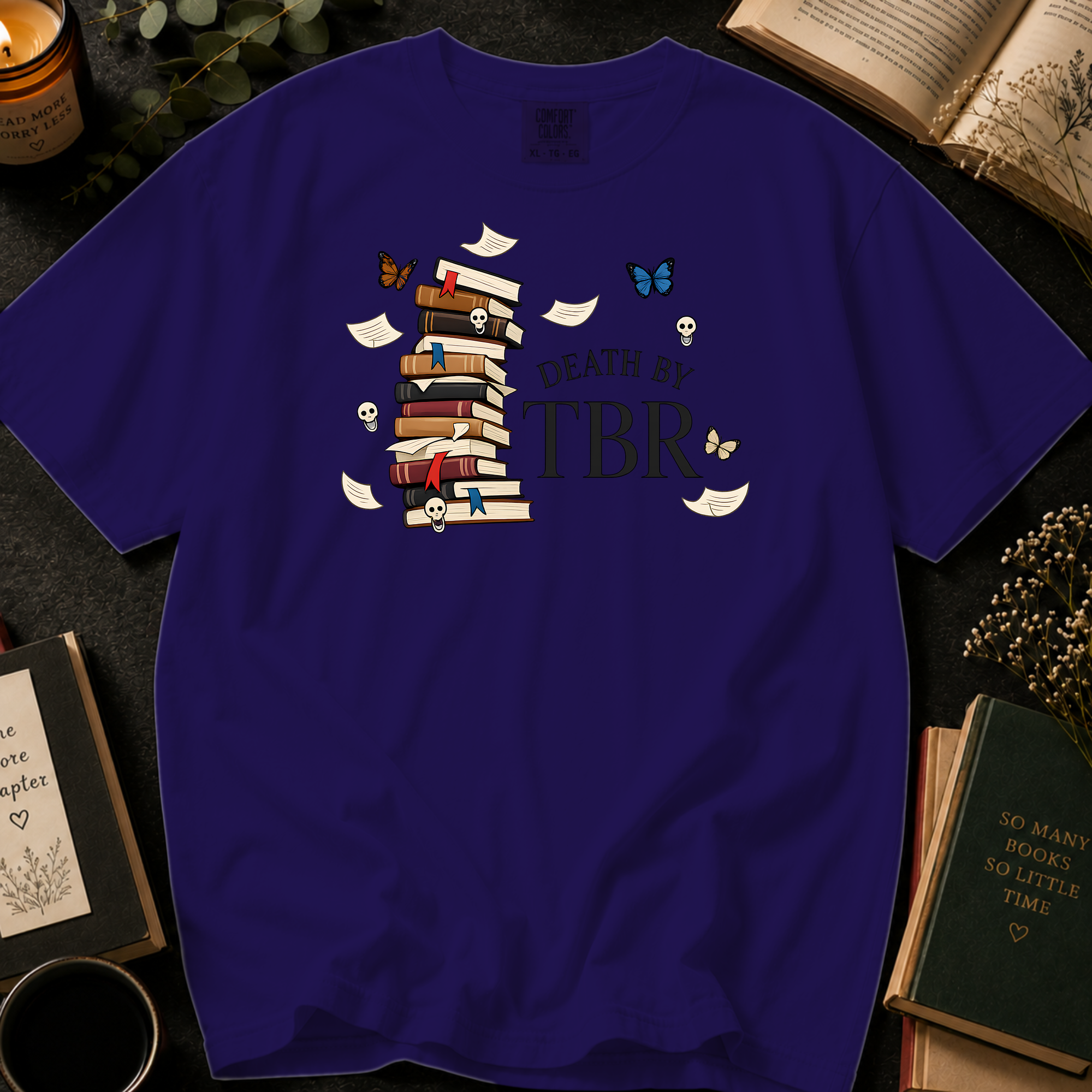 Death By TBR T-Shirt: Gothic Book Stack in Grape - Comfort Colors® T-Shirt