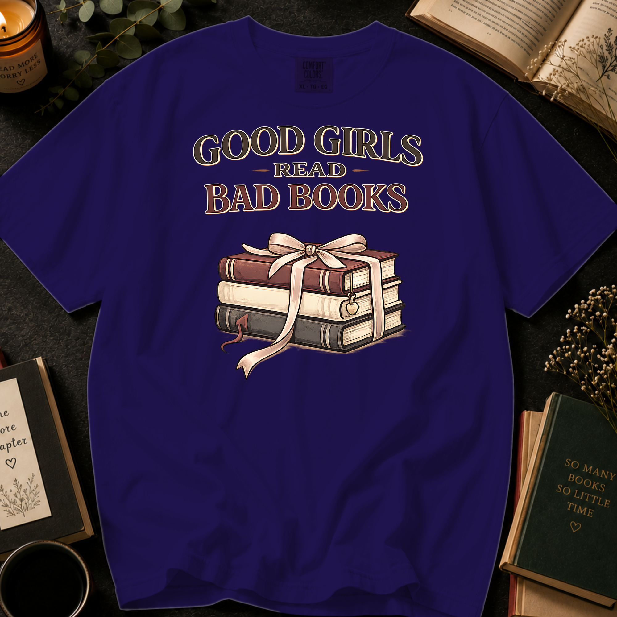 Good Girls Read Bad Books T-Shirt: Ribbon Tied Stack in Grape - Comfort Colors® T-Shirt