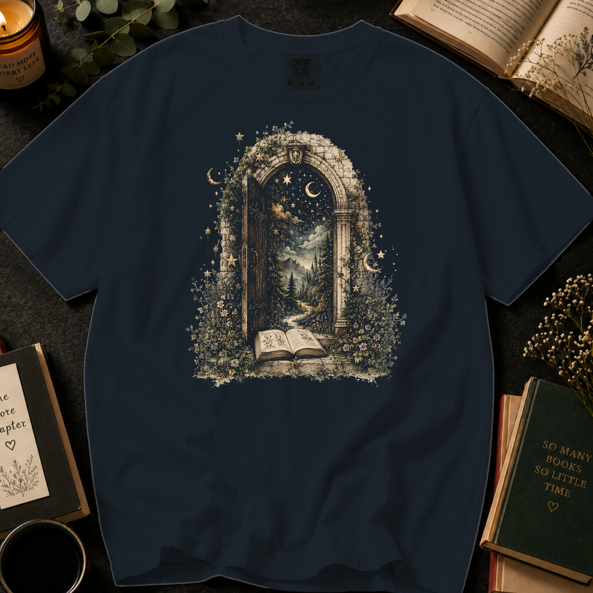 Through the Pages T-Shirt: Enchanted Archway Book Portal in Graphite - Comfort Colors® T-Shirt