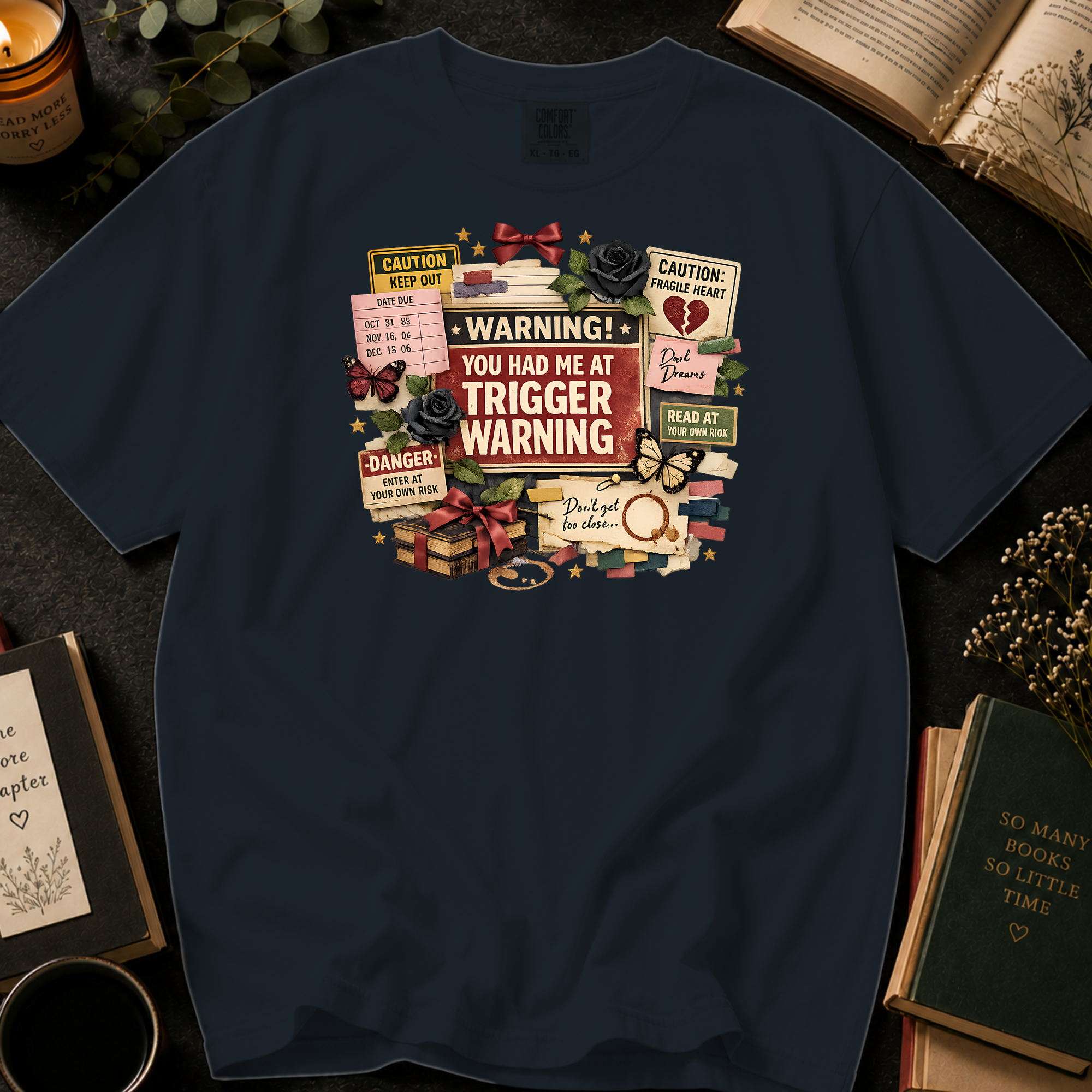 You Had Me At Trigger Warning T-Shirt: Warning Label Collage in Graphite - Comfort Colors® T-Shirt