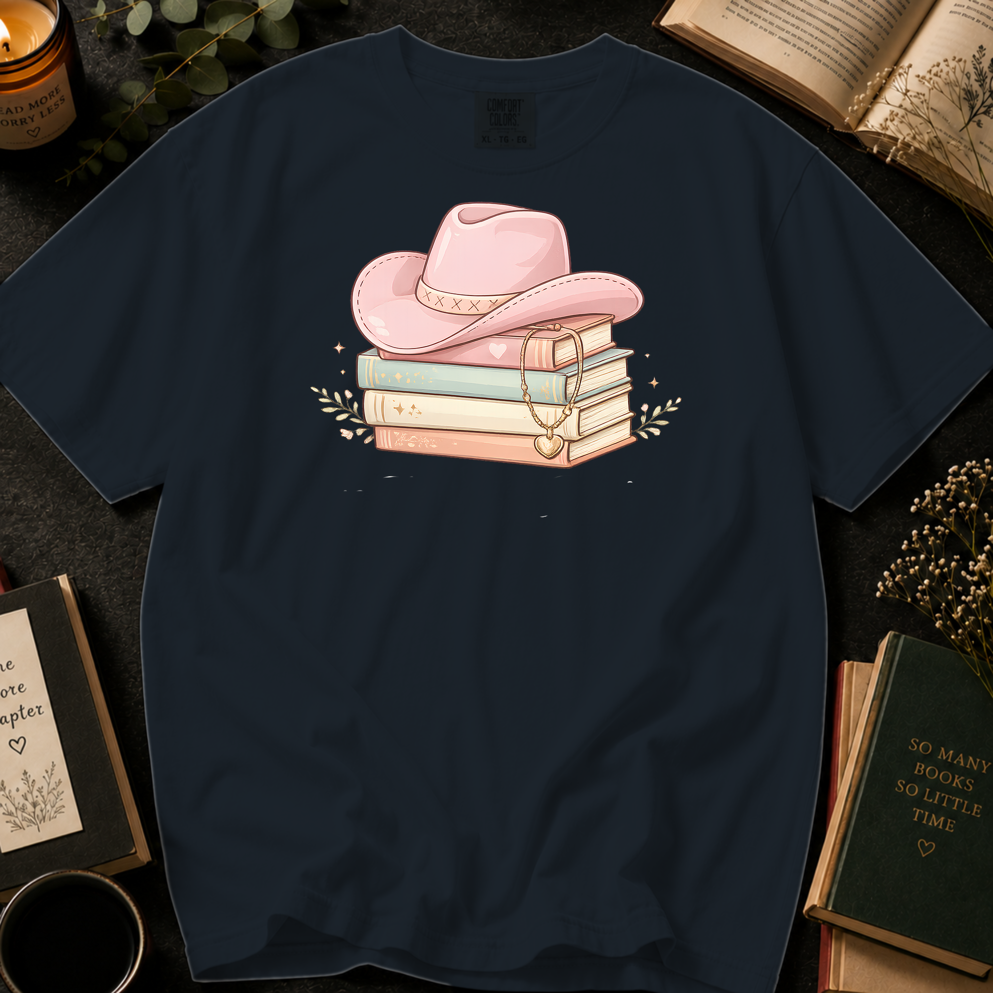 Bookish Cowgirl T-Shirt: Pink Hat and Pastel Book Stack in Graphite - Comfort Colors® T-Shirt